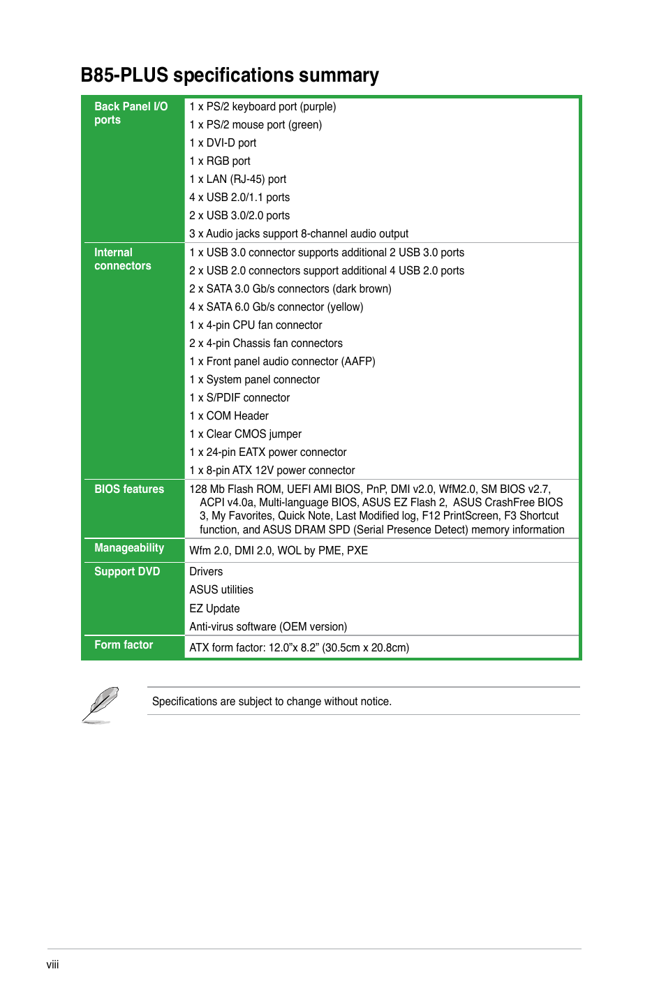 B85-plus specifications summary | Asus B85-PLUS User Manual | Page 8 / 77