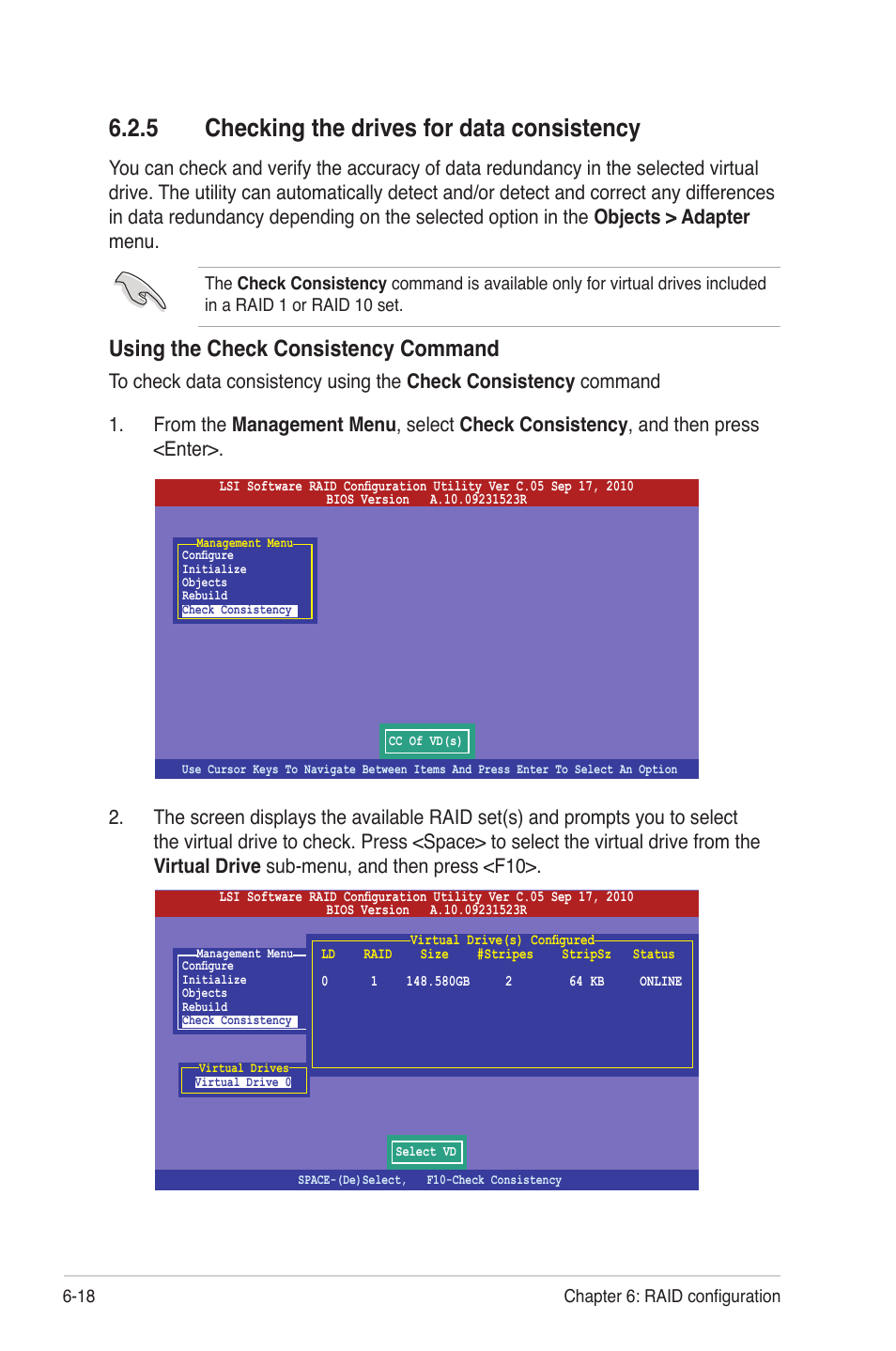 5 checking the drives for data consistency, Checking the drives for data consistency -18, Using the check consistency command | Asus RS300-E7/PS4 User Manual | Page 110 / 150