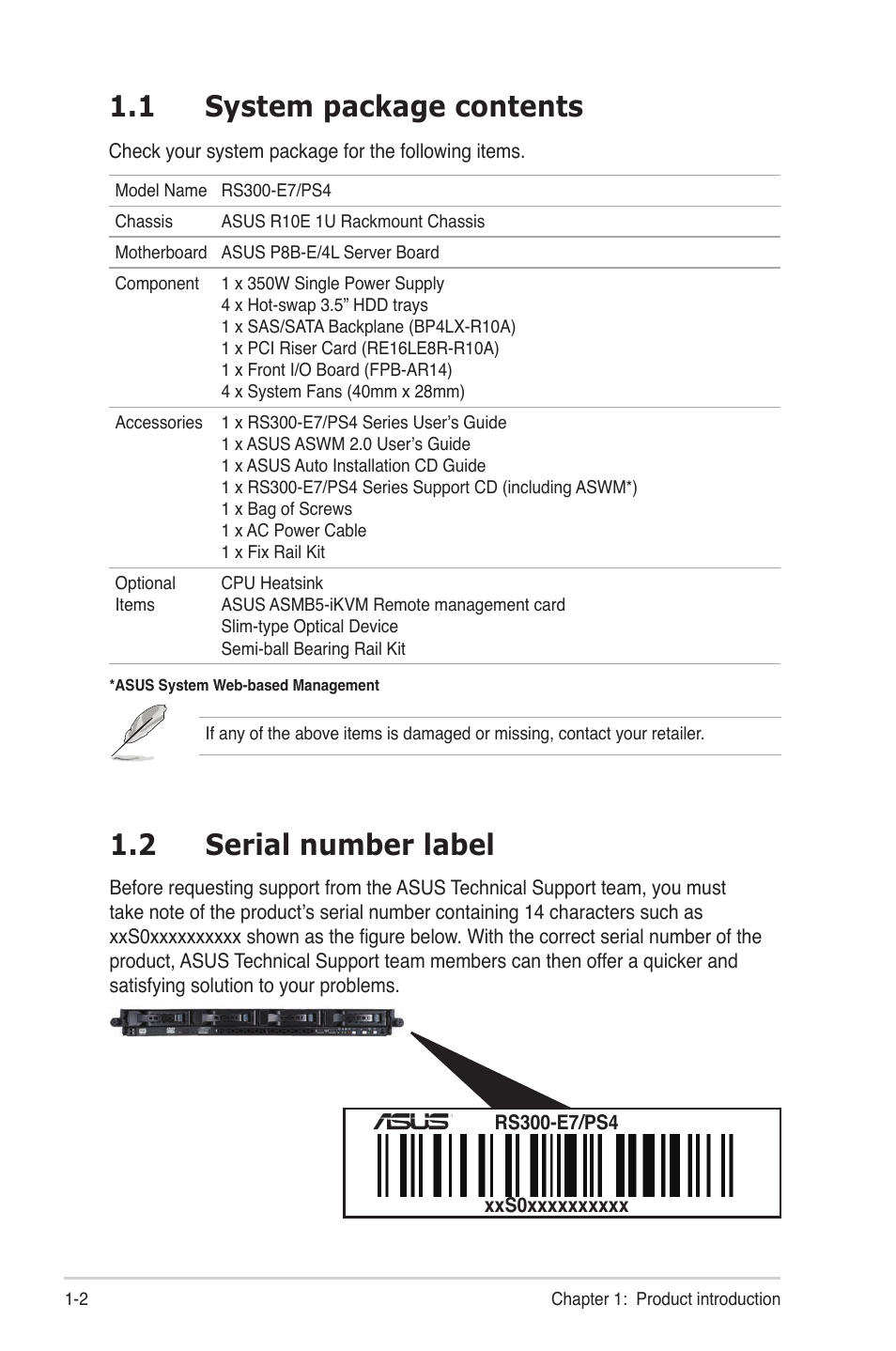1 system package contents, 2 serial number label, System package contents -2 | Serial number label -2 | Asus RS300-E7/PS4 User Manual | Page 12 / 150
