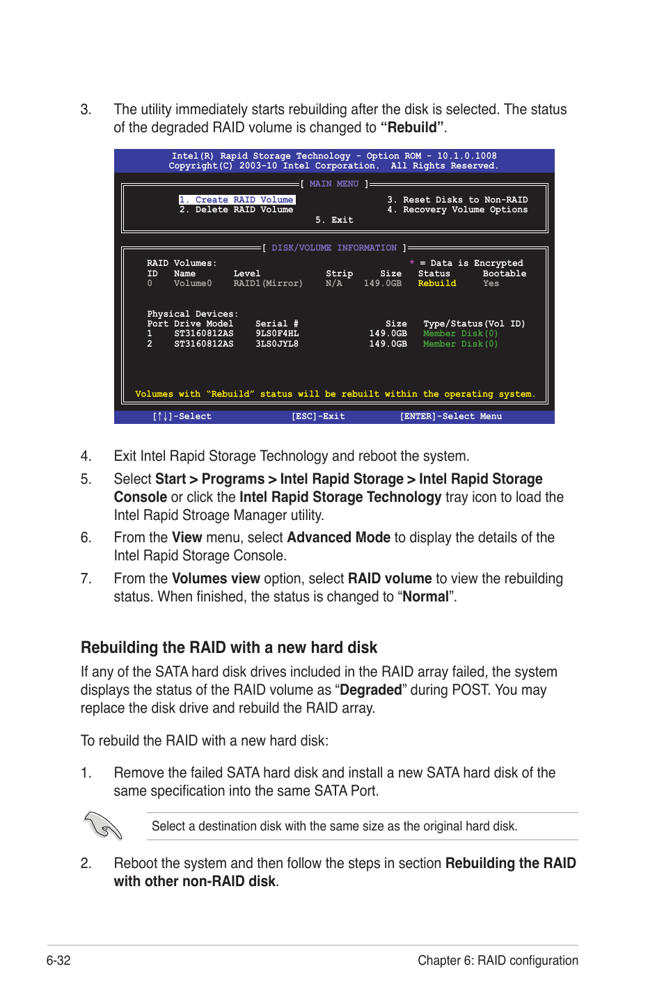 Rebuilding the raid with a new hard disk | Asus RS300-E7/PS4 User Manual | Page 124 / 150