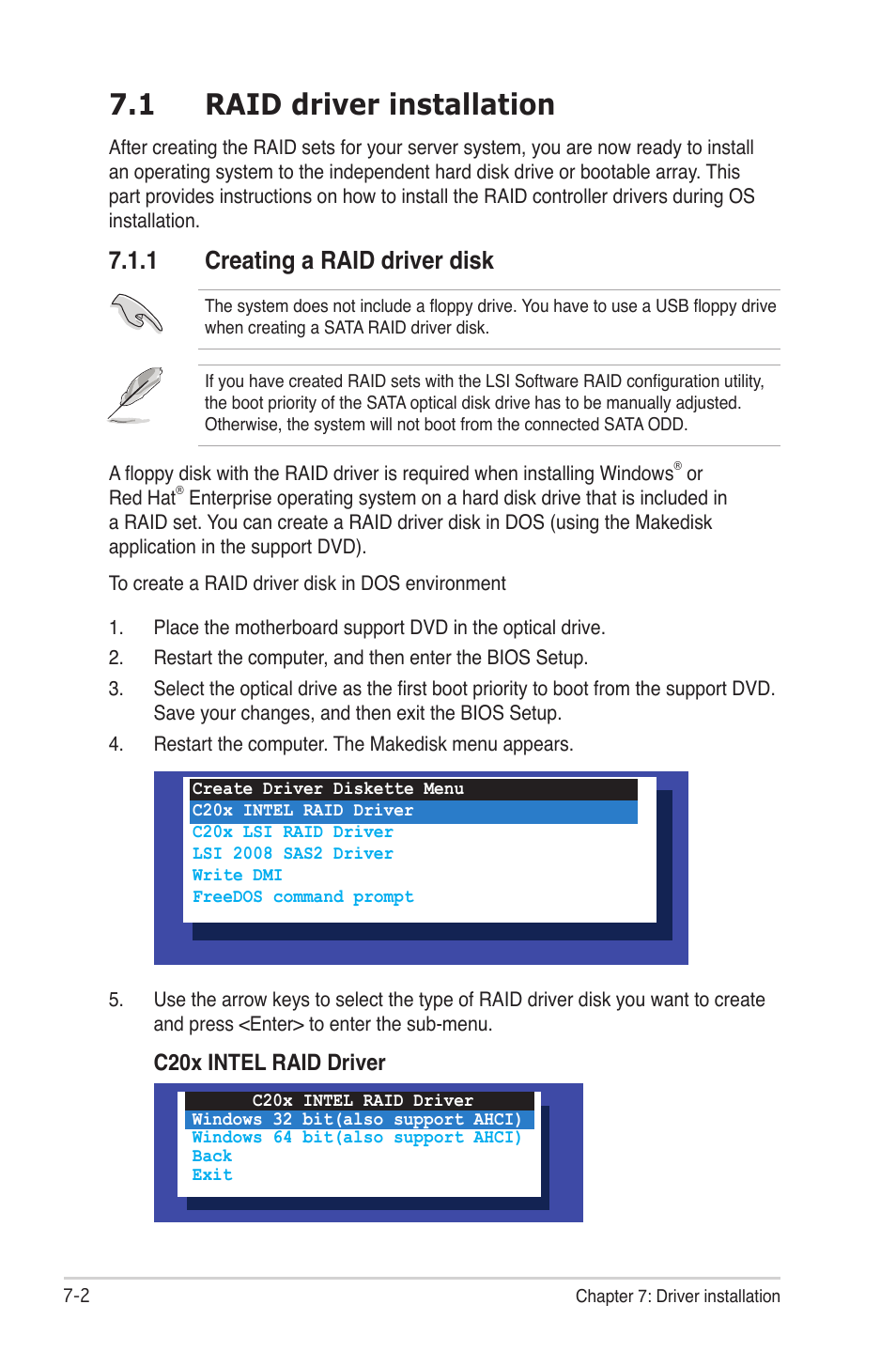 1 raid driver installation, 1 creating a raid driver disk, Raid driver installation -2 7.1.1 | Creating a raid driver disk -2, C20x intel raid driver | Asus RS300-E7/PS4 User Manual | Page 128 / 150
