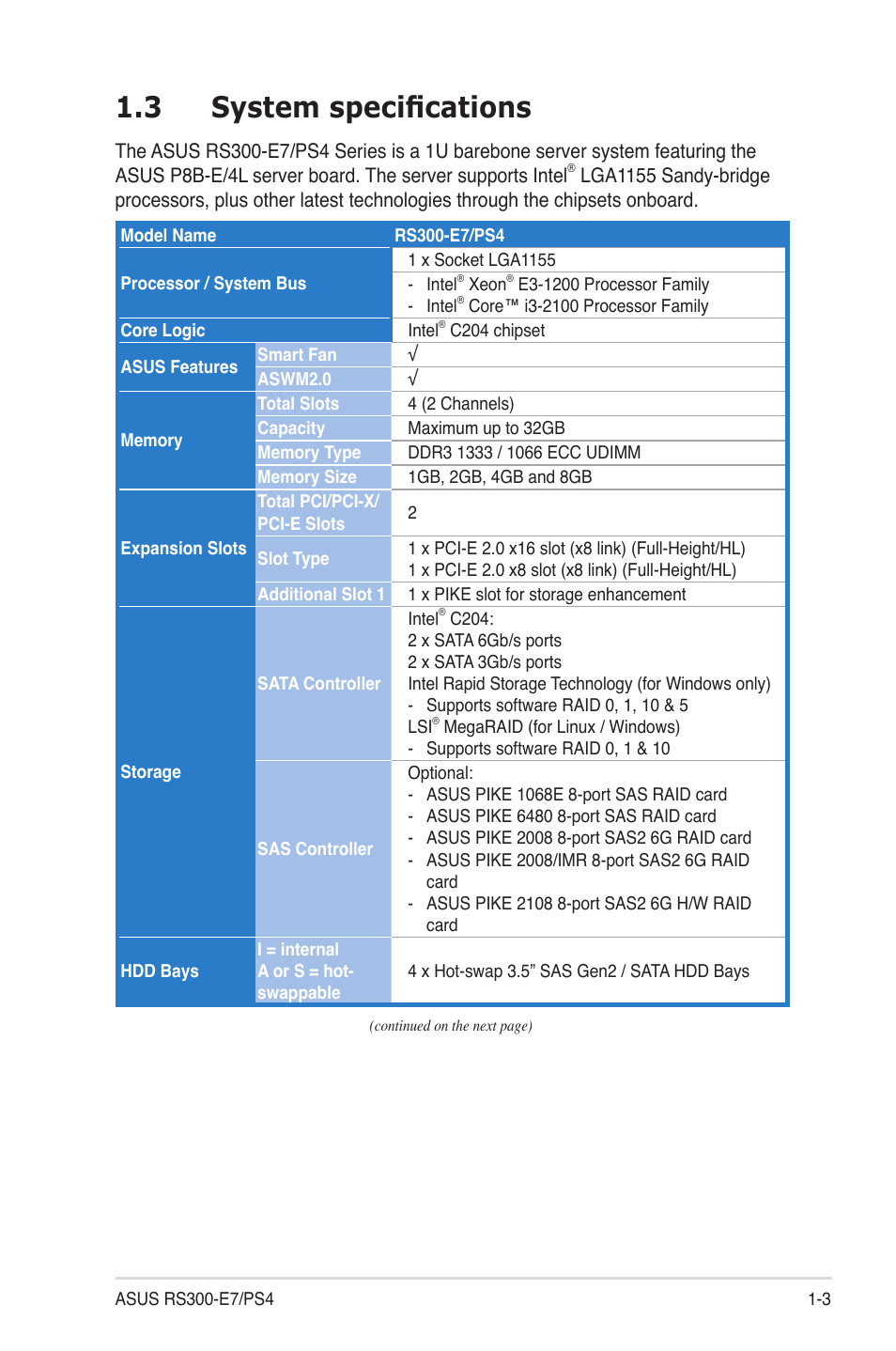 3 system specifications, System specifications -3 | Asus RS300-E7/PS4 User Manual | Page 13 / 150