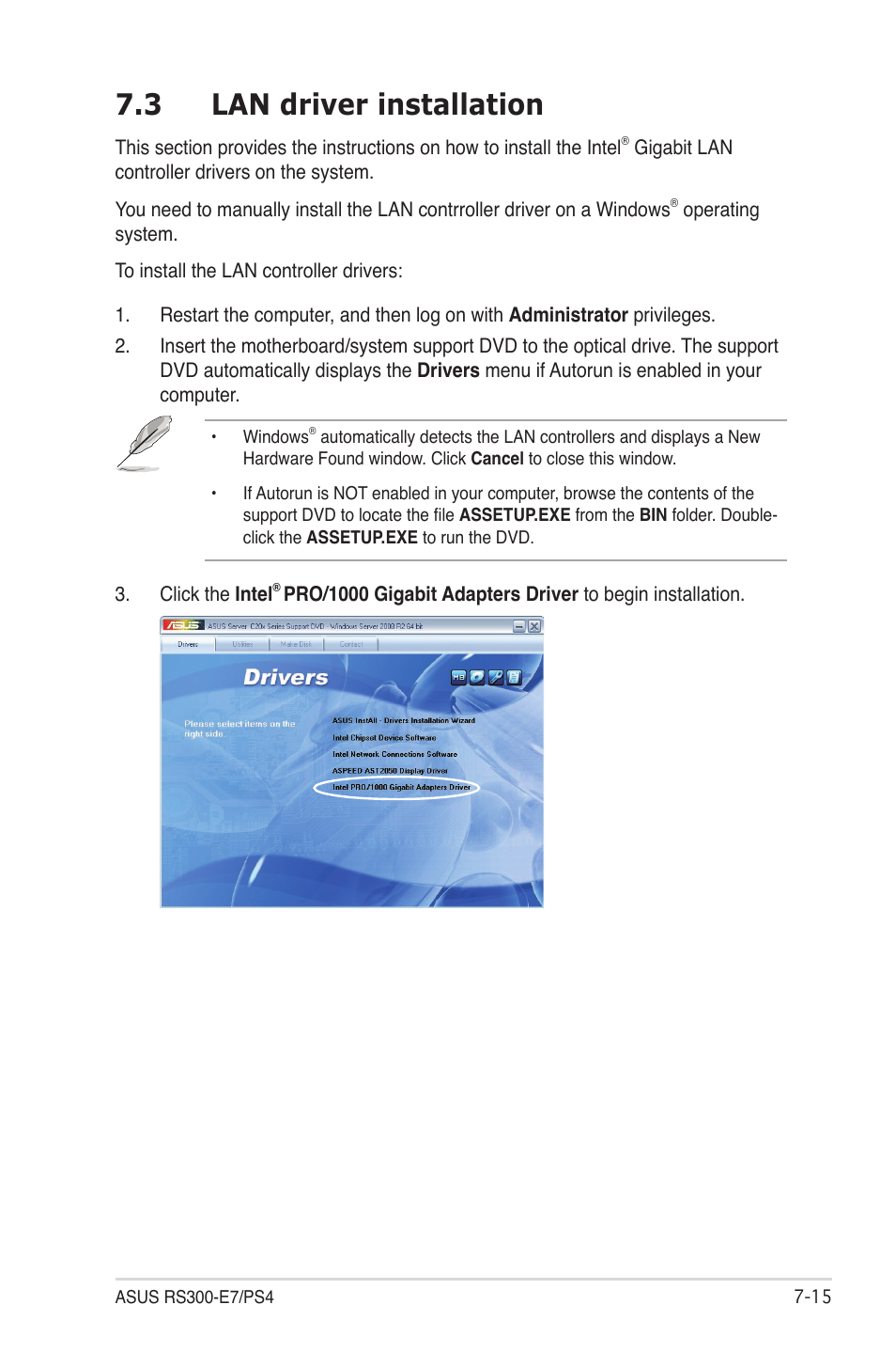 3 lan driver installation, Lan driver installation -15 | Asus RS300-E7/PS4 User Manual | Page 141 / 150
