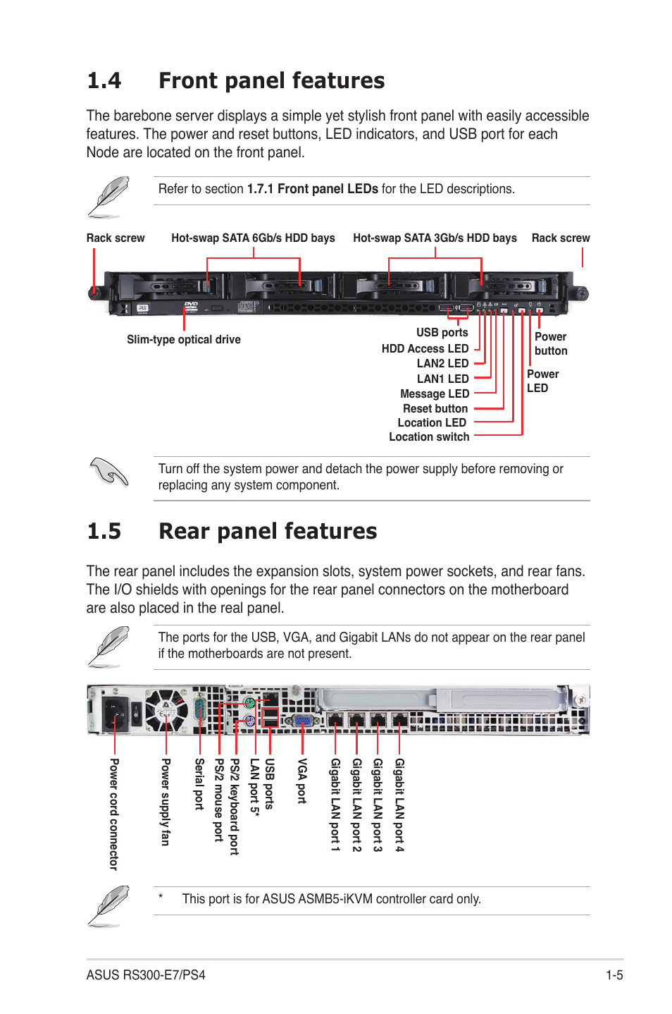 4 front panel features, 5 rear panel features, Front panel features -5 | Rear panel features -5 | Asus RS300-E7/PS4 User Manual | Page 15 / 150