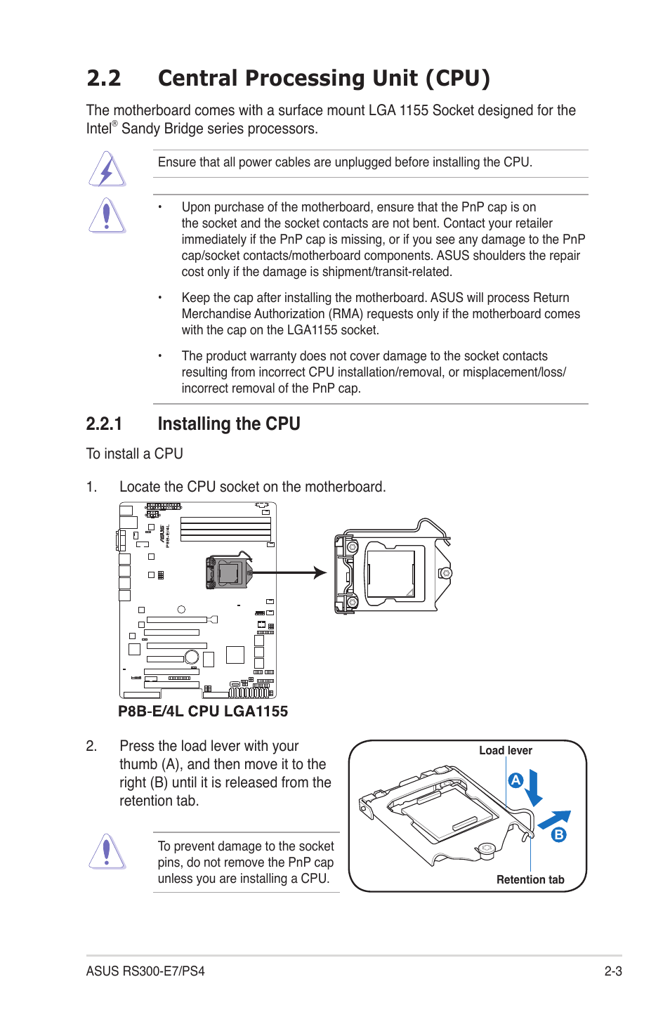 2 central processing unit (cpu), 1 installing the cpu, Central processing unit (cpu) -3 2.2.1 | Installing the cpu -3 | Asus RS300-E7/PS4 User Manual | Page 21 / 150