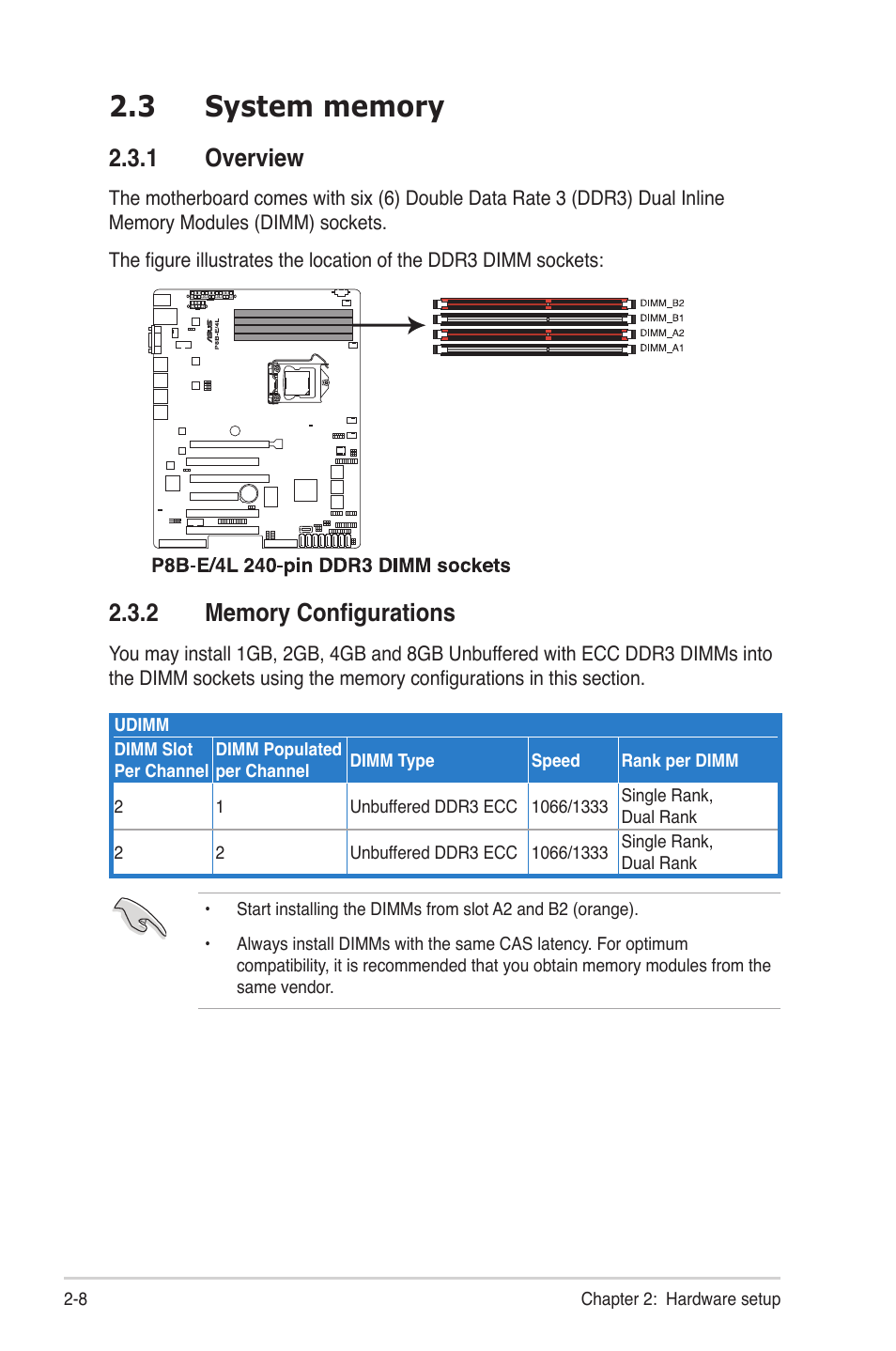 3 system memory, 1 overview, 2 memory configurations | System memory -8 2.3.1, Overview -8, Memory configurations -8 | Asus RS300-E7/PS4 User Manual | Page 26 / 150
