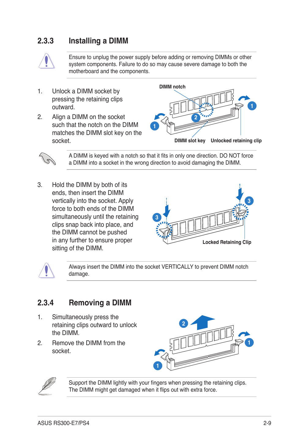 3 installing a dimm, 4 removing a dimm, Installing a dimm -9 | Removing a dimm -9 | Asus RS300-E7/PS4 User Manual | Page 27 / 150