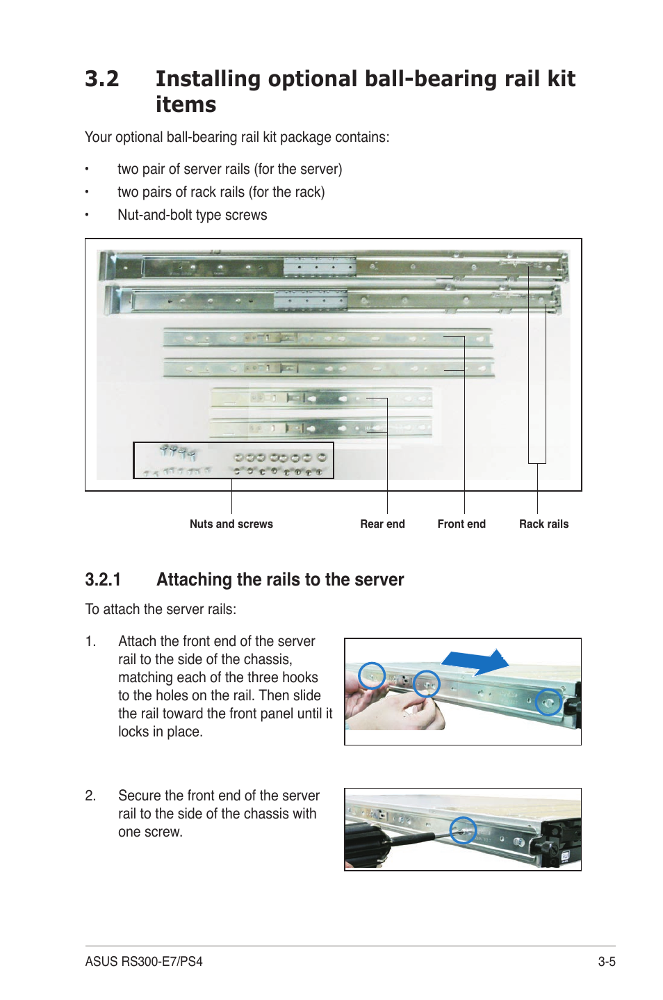 2 installing optional ball-bearing rail kit items, 1 attaching the rails to the server, Attaching the rails to the server -5 | Asus RS300-E7/PS4 User Manual | Page 43 / 150