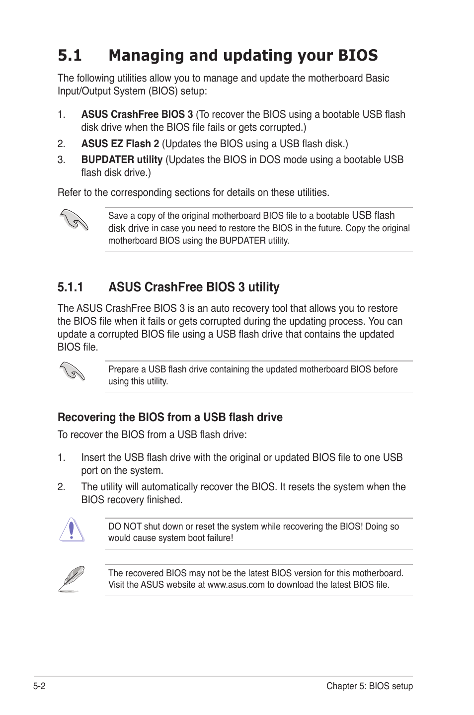 1 managing and updating your bios, 1 asus crashfree bios 3 utility, Managing and updating your bios -2 5.1.1 | Asus crashfree bios 3 utility -2 | Asus RS300-E7/PS4 User Manual | Page 66 / 150