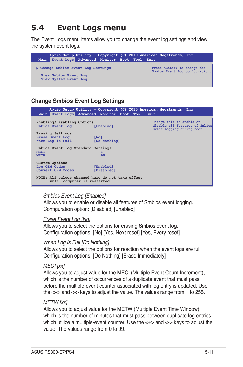 4 event logs menu, Event logs menu -11, Change smbios event log settings | Asus RS300-E7/PS4 User Manual | Page 75 / 150