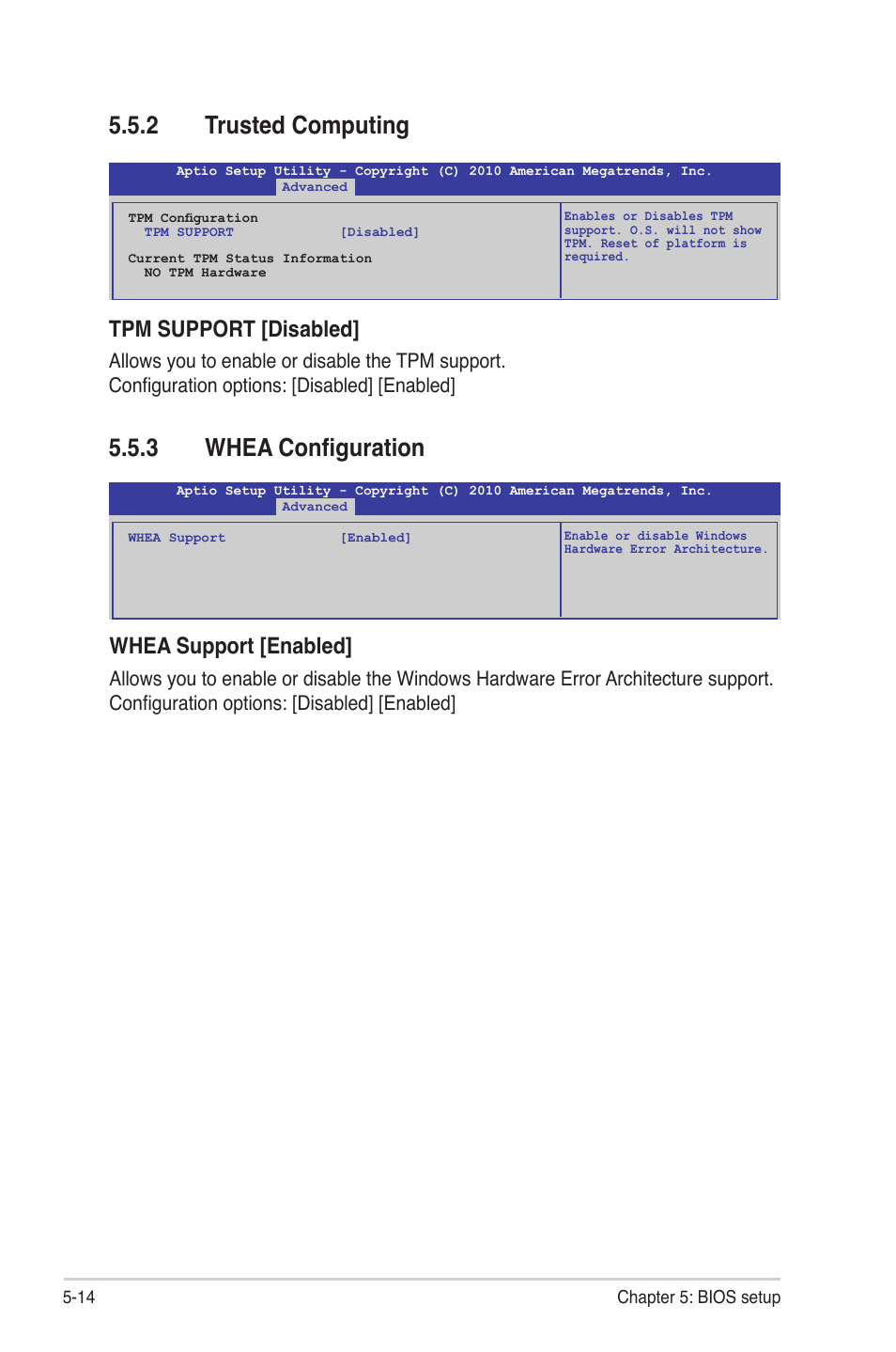 2 trusted computing, 3 whea configuration, Trusted computing -14 | Whea configuration -14, Tpm support [disabled, Whea support [enabled | Asus RS300-E7/PS4 User Manual | Page 78 / 150