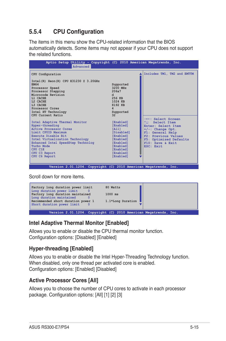 4 cpu configuration, Cpu configuration -15, Intel adaptive thermal monitor [enabled | Hyper-threading [enabled, Active processor cores [all | Asus RS300-E7/PS4 User Manual | Page 79 / 150