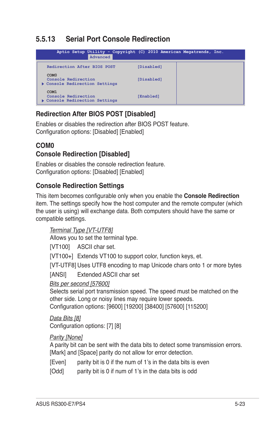 13 serial port console redirection, 13 serial port console redirection -23, Redirection after bios post [disabled | Com0 console redirection [disabled, Console redirection settings | Asus RS300-E7/PS4 User Manual | Page 87 / 150