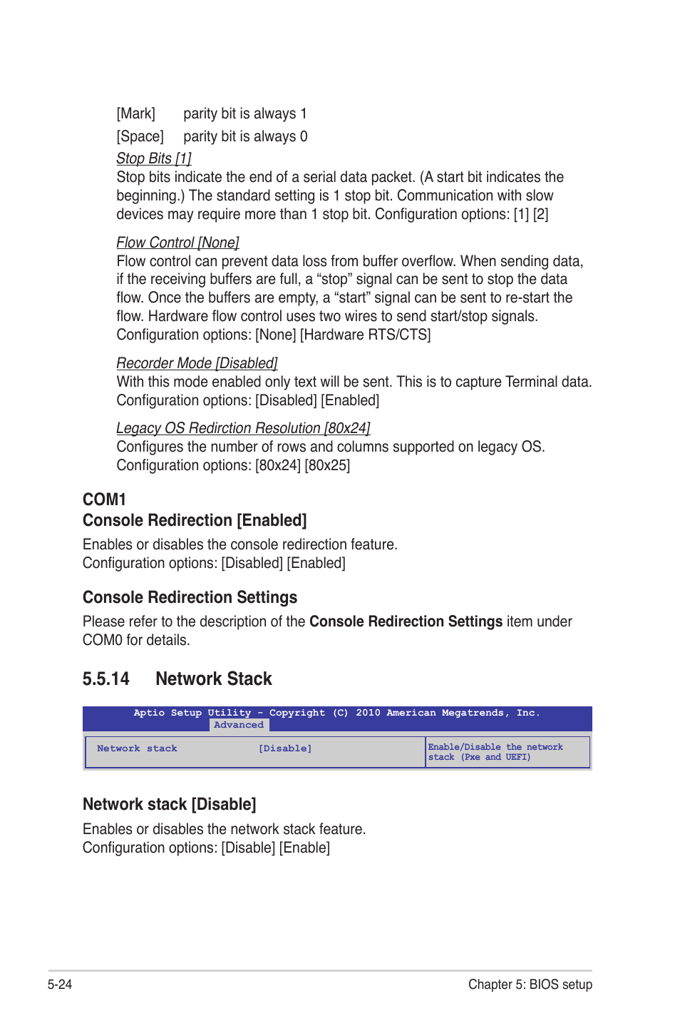 14 network stack, 14 network stack -24, Network stack [disable | Com1 console redirection [enabled, Console redirection settings | Asus RS300-E7/PS4 User Manual | Page 88 / 150