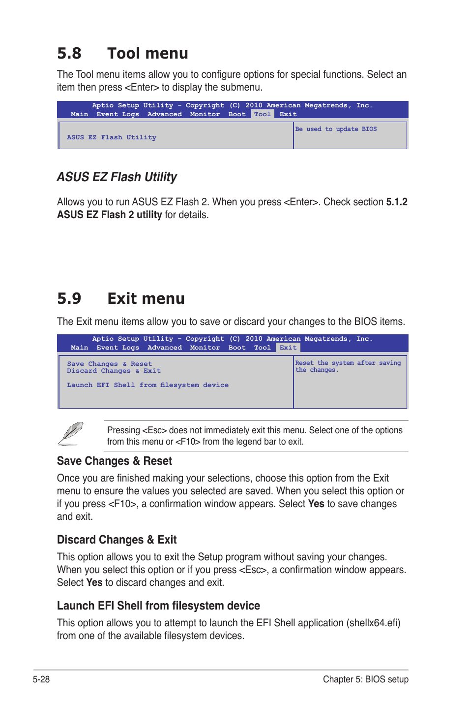 8 tool menu, 9 exit menu, Tool menu -28 | Exit menu -28, Asus ez flash utility, Save changes & reset, Discard changes & exit, Launch efi shell from filesystem device | Asus RS300-E7/PS4 User Manual | Page 92 / 150