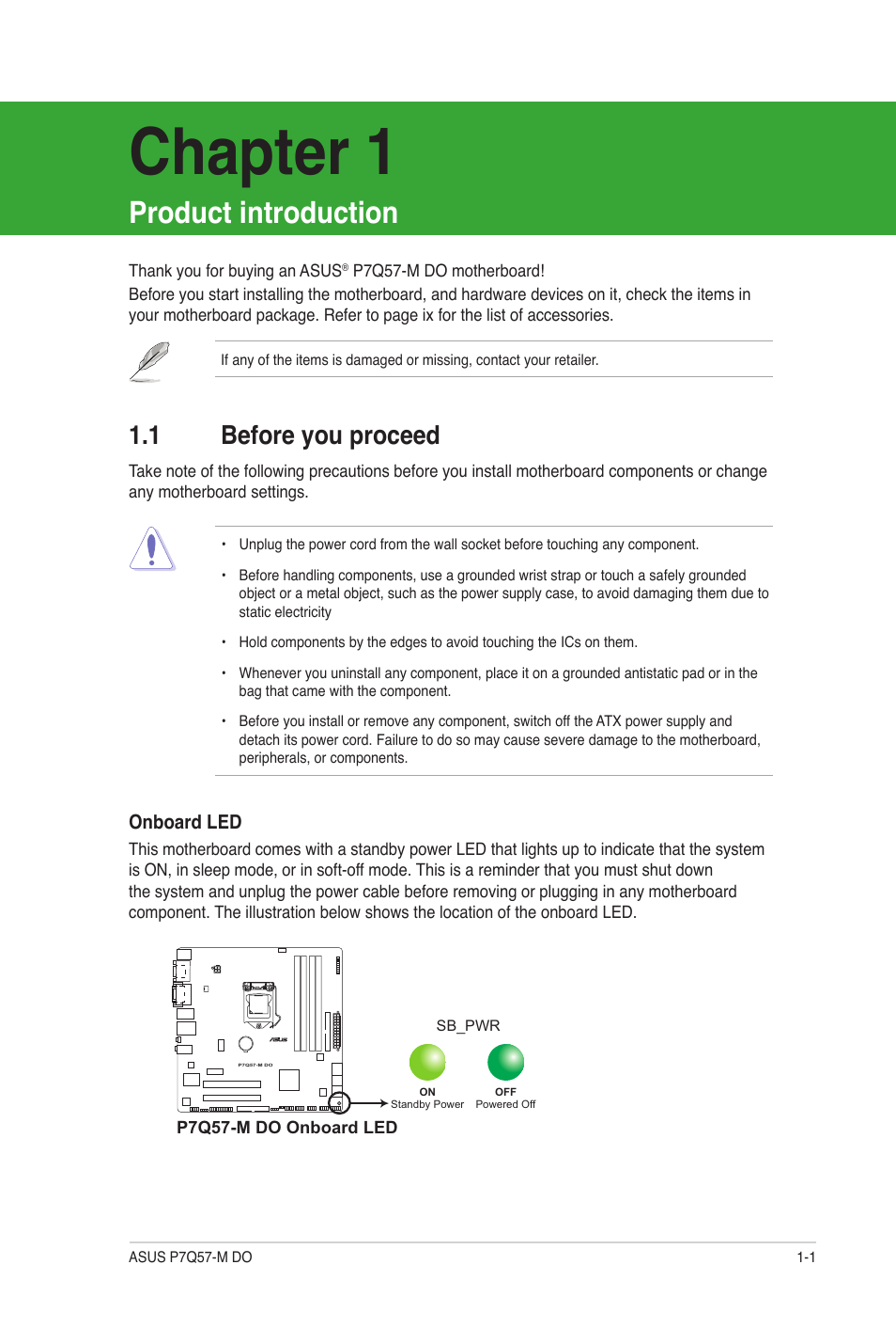 Product introduction, 1 before you proceed, Before you proceed -1 | Chapter 1 | Asus P7Q57-M DO User Manual | Page 11 / 56