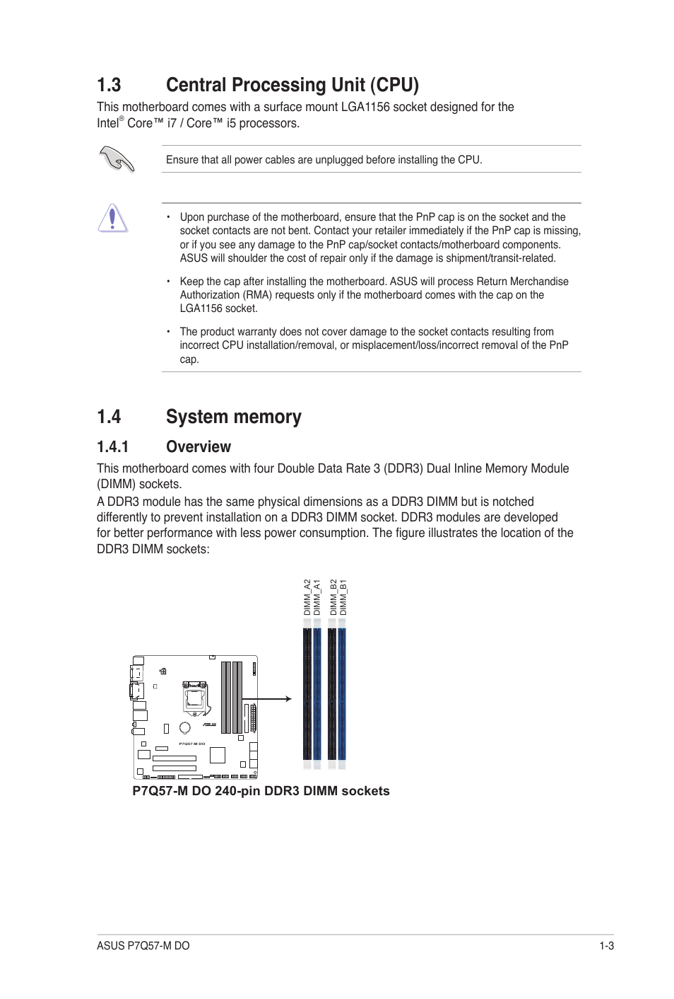 3 central processing unit (cpu), 4 system memory, 1 overview | Central processing unit (cpu) -3, System memory -3 1.4.1, Overview -3 | Asus P7Q57-M DO User Manual | Page 13 / 56