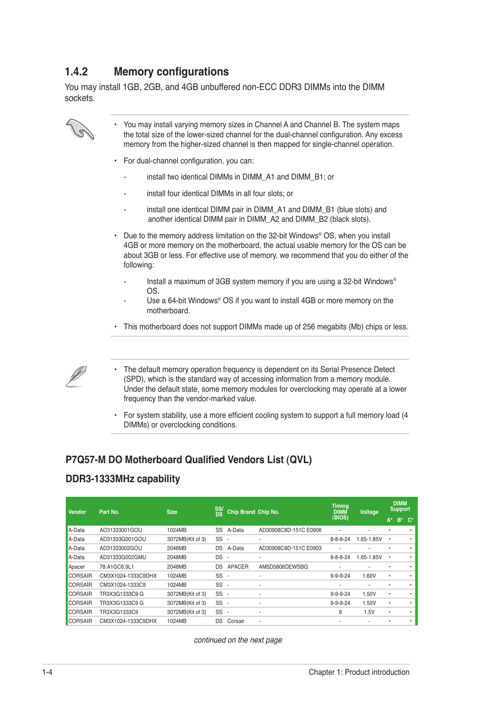 2 memory configurations, Memory configurations -4, Os. - use a 64-bit windows | Chapter 1: product introduction 1-4 | Asus P7Q57-M DO User Manual | Page 14 / 56