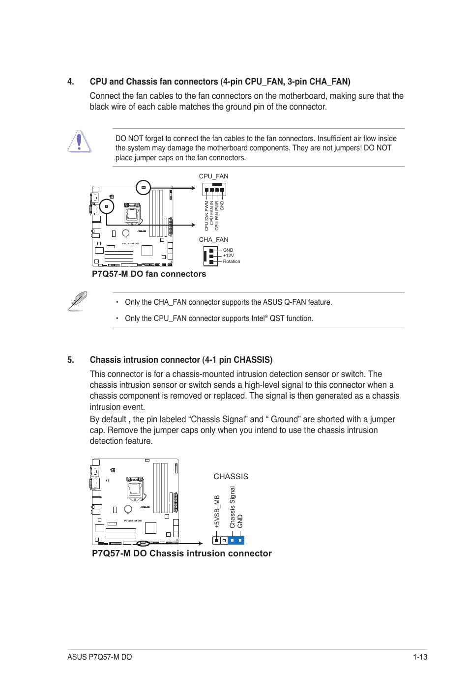 P7q57-m do chassis intrusion connector, P7q57-m do fan connectors | Asus P7Q57-M DO User Manual | Page 23 / 56