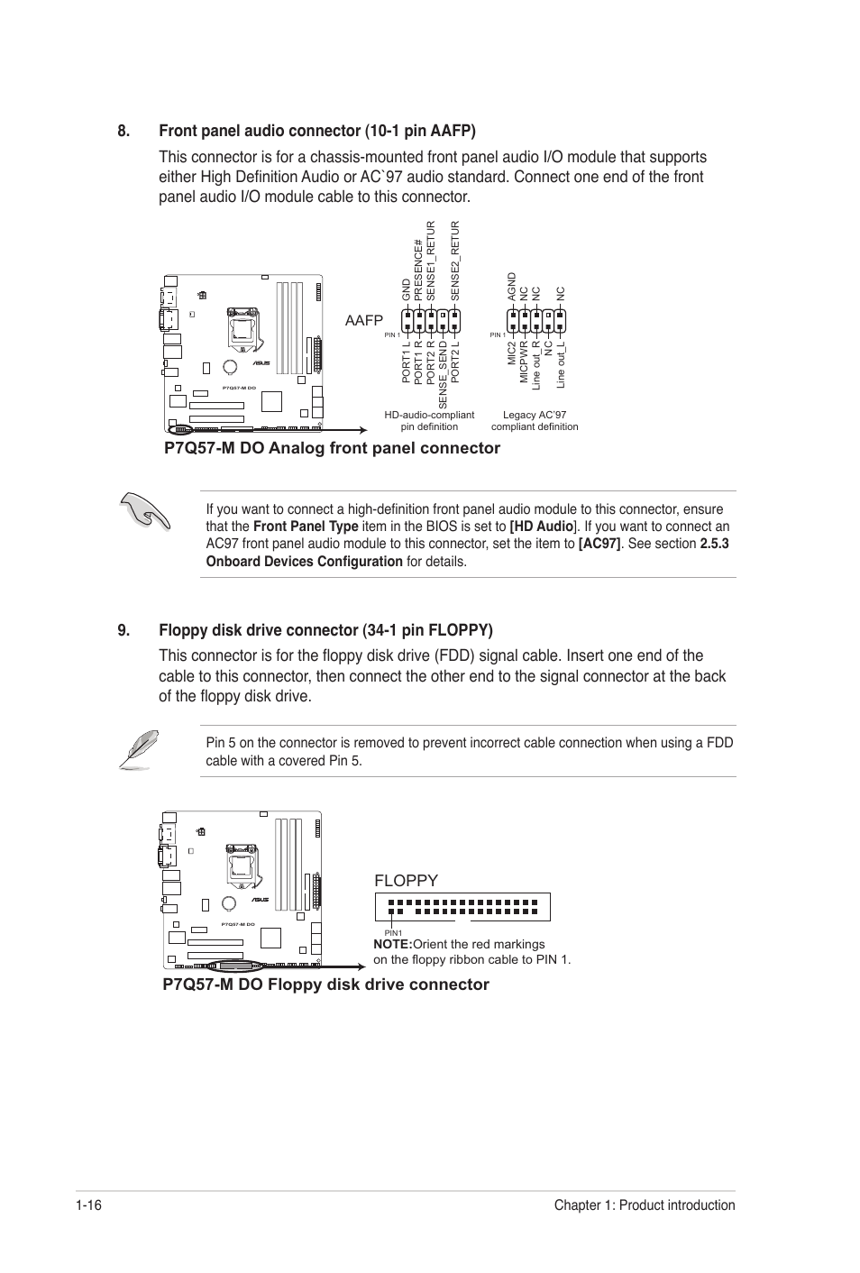 P7q57-m do analog front panel connector, P7q57-m do floppy disk drive connector, Floppy | Asus P7Q57-M DO User Manual | Page 26 / 56