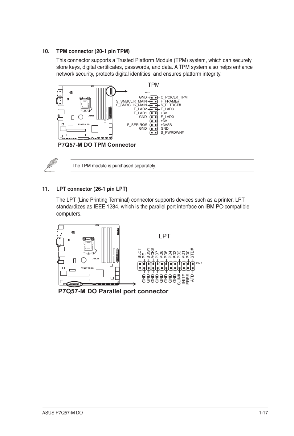 P7q57-m do parallel port connector | Asus P7Q57-M DO User Manual | Page 27 / 56