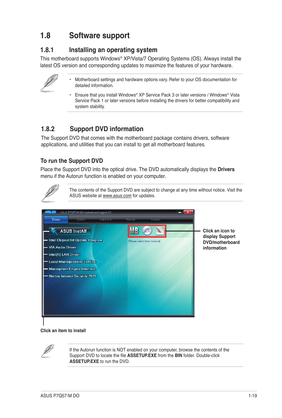 8 software support, 1 installing an operating system, 2 support dvd information | Software support -19 1.8.1, Installing an operating system -19, Support dvd information -19 | Asus P7Q57-M DO User Manual | Page 29 / 56