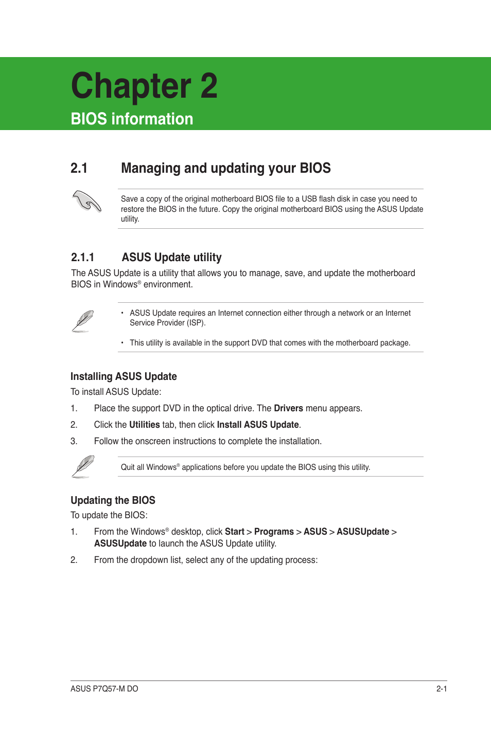 Bios information, 1 managing and updating your bios, 1 asus update utility | Managing and updating your bios -1 2.1.1, Asus update utility -1, Chapter 2 | Asus P7Q57-M DO User Manual | Page 31 / 56