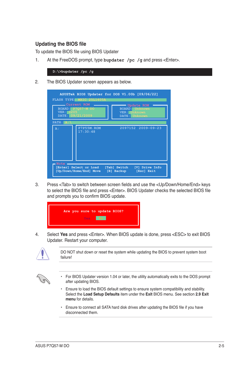 Updating the bios file | Asus P7Q57-M DO User Manual | Page 35 / 56