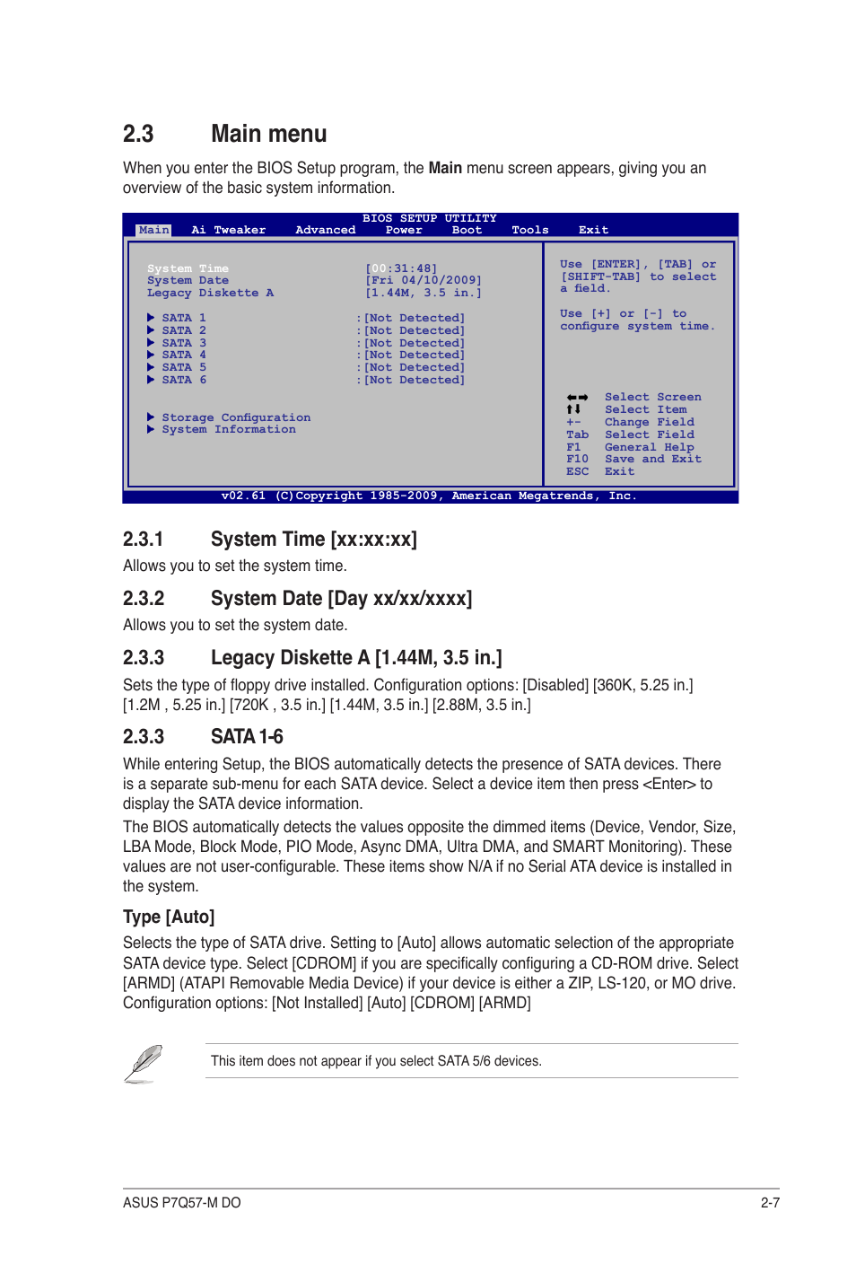 3 main menu, 1 system time [xx:xx:xx, 2 system date [day xx/xx/xxxx | 3 legacy diskette a [1.44m, 3.5 in, 3 sata 1-6, Main menu -7 2.3.1, System time -7, System date -7, Legacy diskette a -7, Sata 1-6 -7 | Asus P7Q57-M DO User Manual | Page 37 / 56