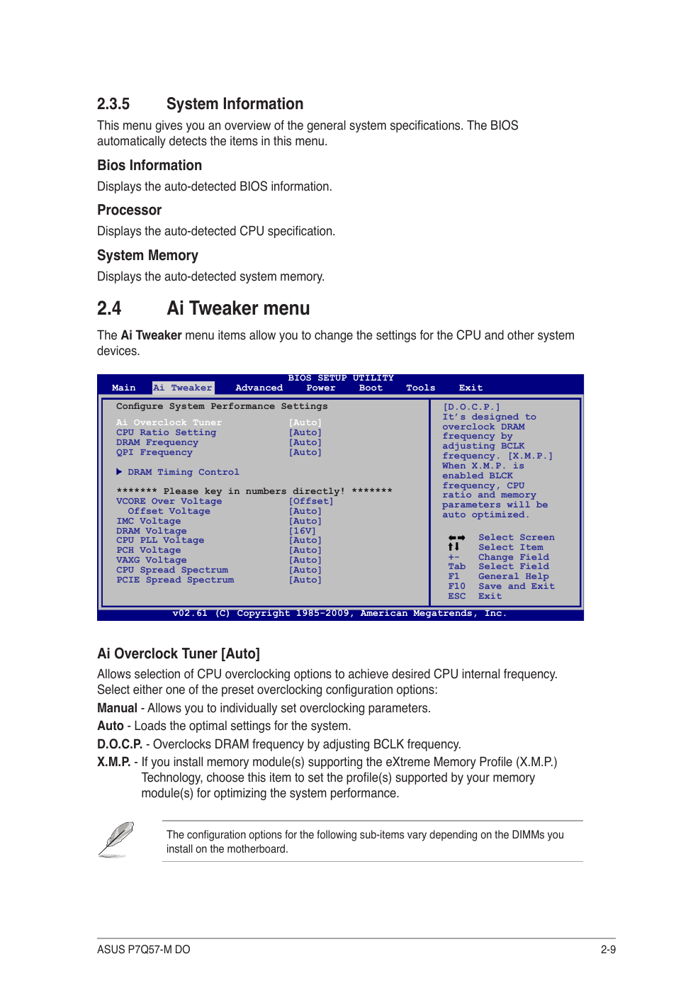 5 system information, 4 ai tweaker menu, System information -9 | Ai tweaker menu -9, Bios information, Processor, Ai overclock tuner [auto | Asus P7Q57-M DO User Manual | Page 39 / 56