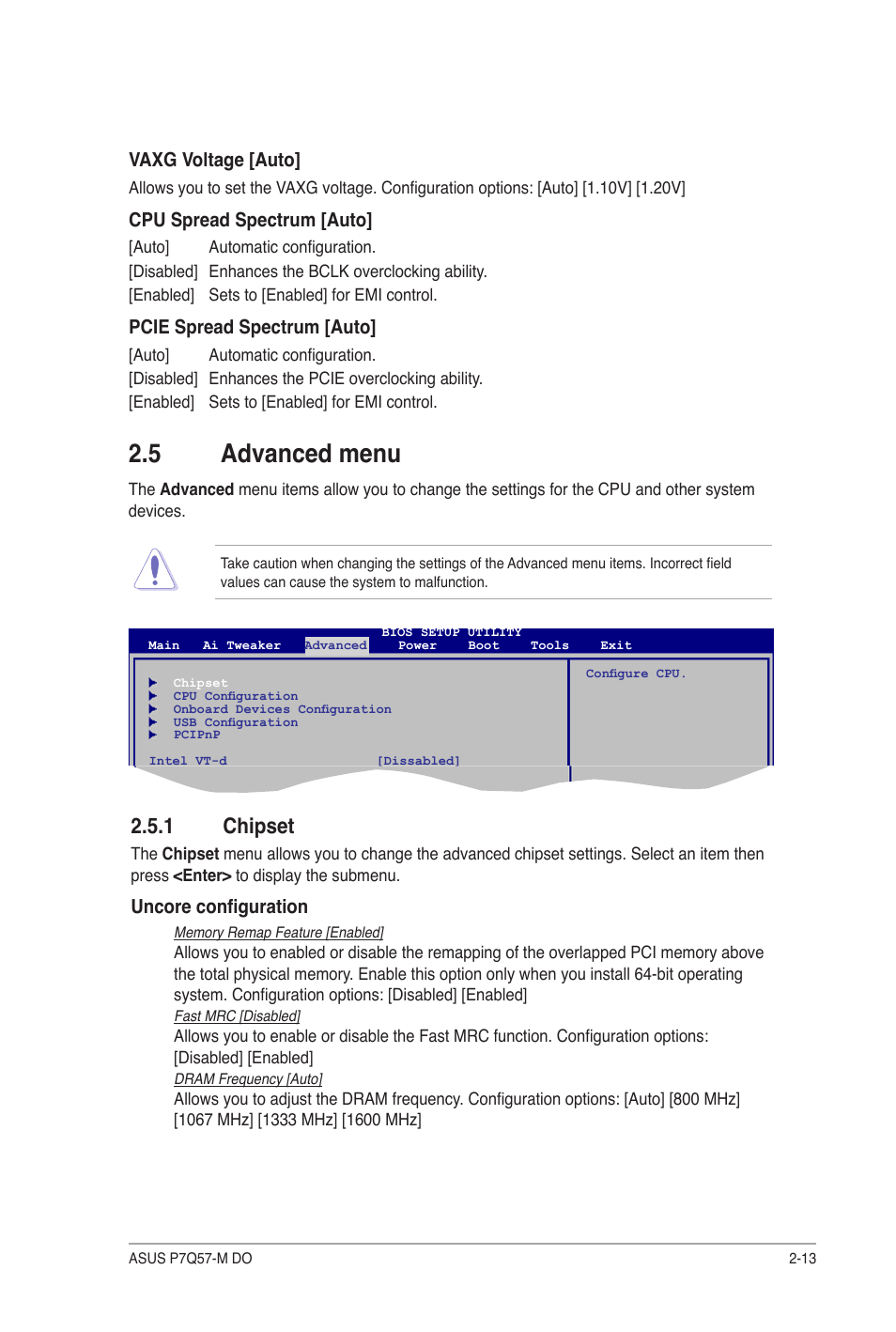 5 advanced menu, 1 chipset, Advanced menu -13 2.5.1 | Chipset -13 | Asus P7Q57-M DO User Manual | Page 43 / 56