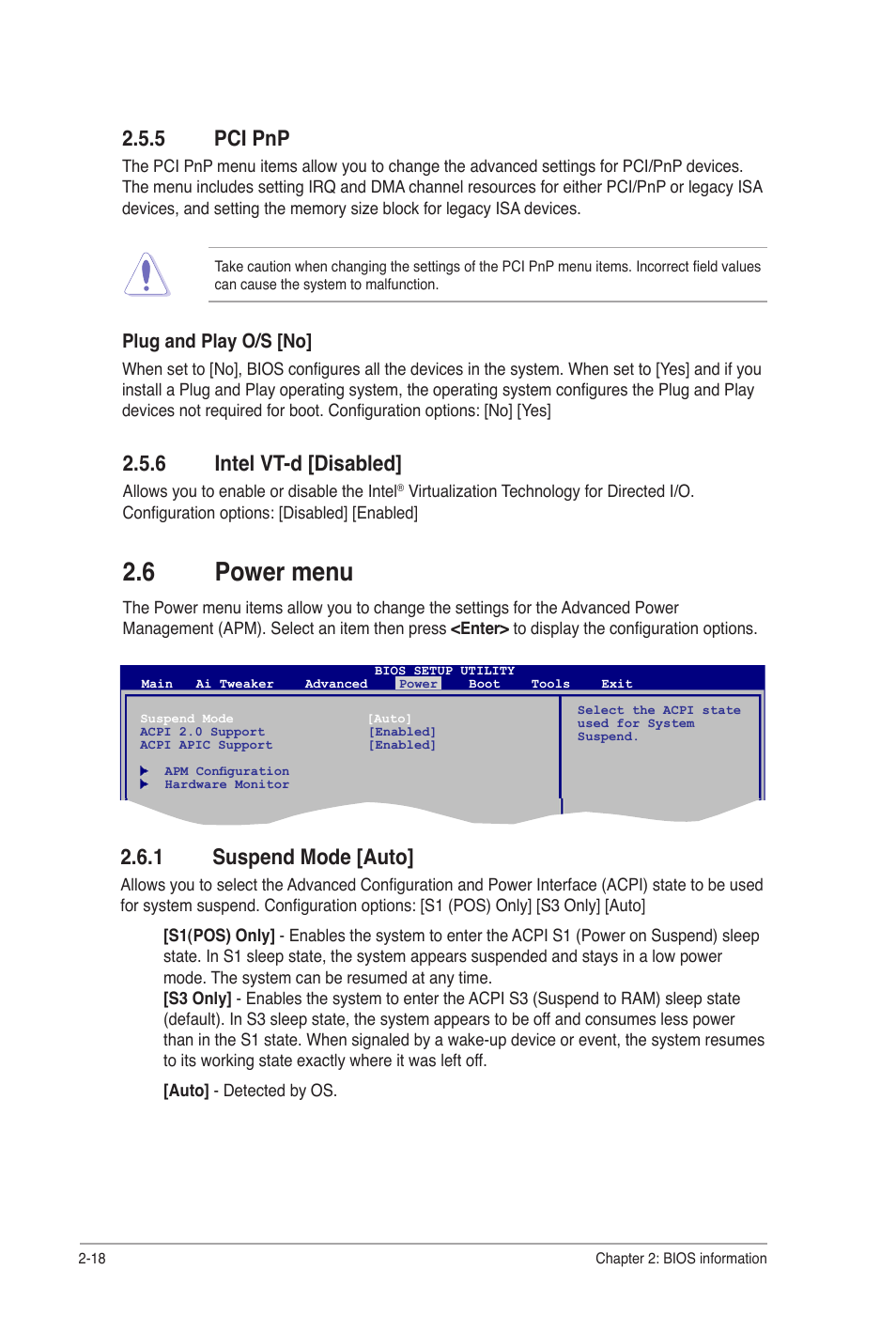 5 pci pnp, 6 intel vt-d [disabled, 6 power menu | 1 suspend mode [auto, Pci pnp -18, 6 intel vt-d [disabled] -18, Power menu -18 2.6.1, Suspend mode -18 | Asus P7Q57-M DO User Manual | Page 48 / 56