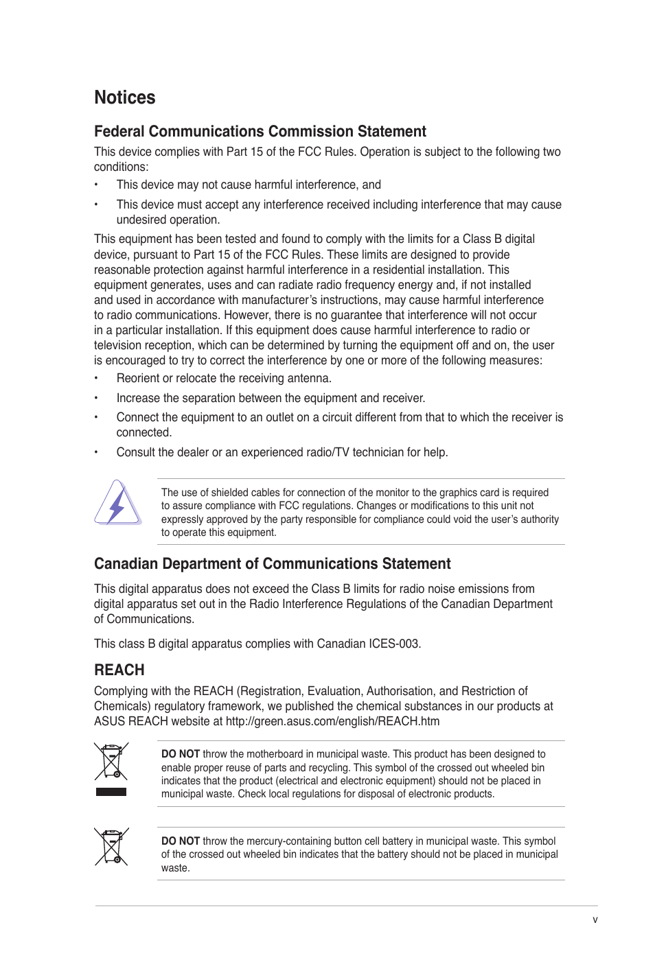 Notices, Federal communications commission statement, Canadian department of communications statement | Reach | Asus P7Q57-M DO User Manual | Page 5 / 56