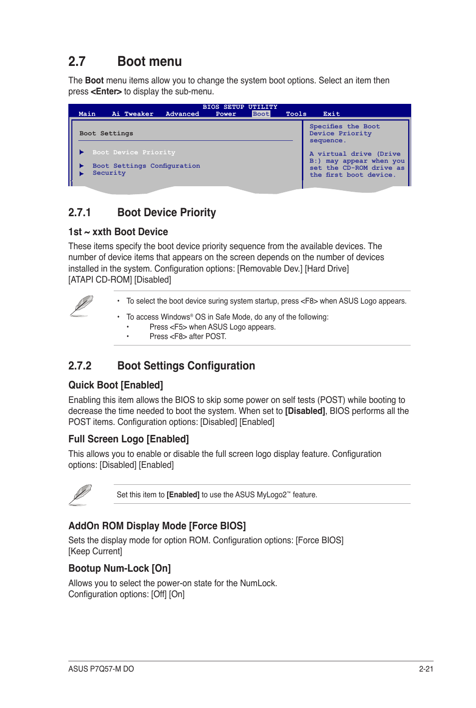 7 boot menu, 1 boot device priority, 2 boot settings configuration | Boot menu -21 2.7.1, Boot device priority -21, Boot settings configuration -21 | Asus P7Q57-M DO User Manual | Page 51 / 56