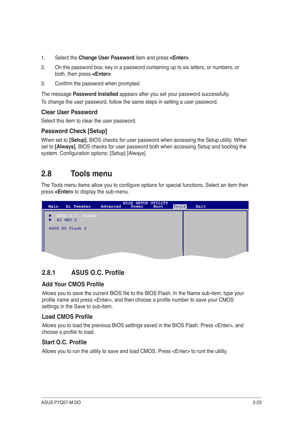 8 tools menu, 1 asus o.c. profile, Tools menu -23 2.8.1 | Asus o.c. profile -23 | Asus P7Q57-M DO User Manual | Page 53 / 56