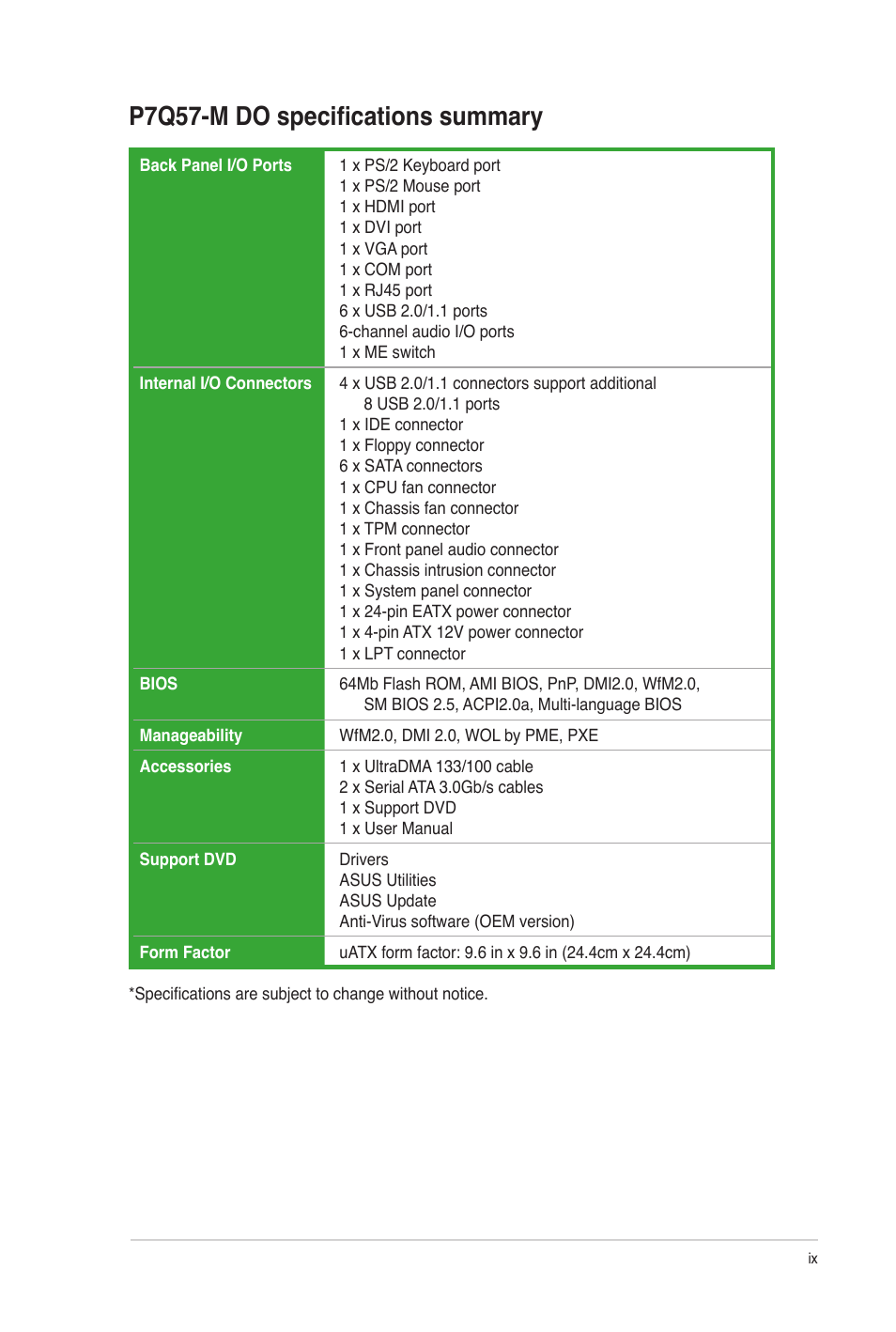 P7q57-m do specifications summary | Asus P7Q57-M DO User Manual | Page 9 / 56