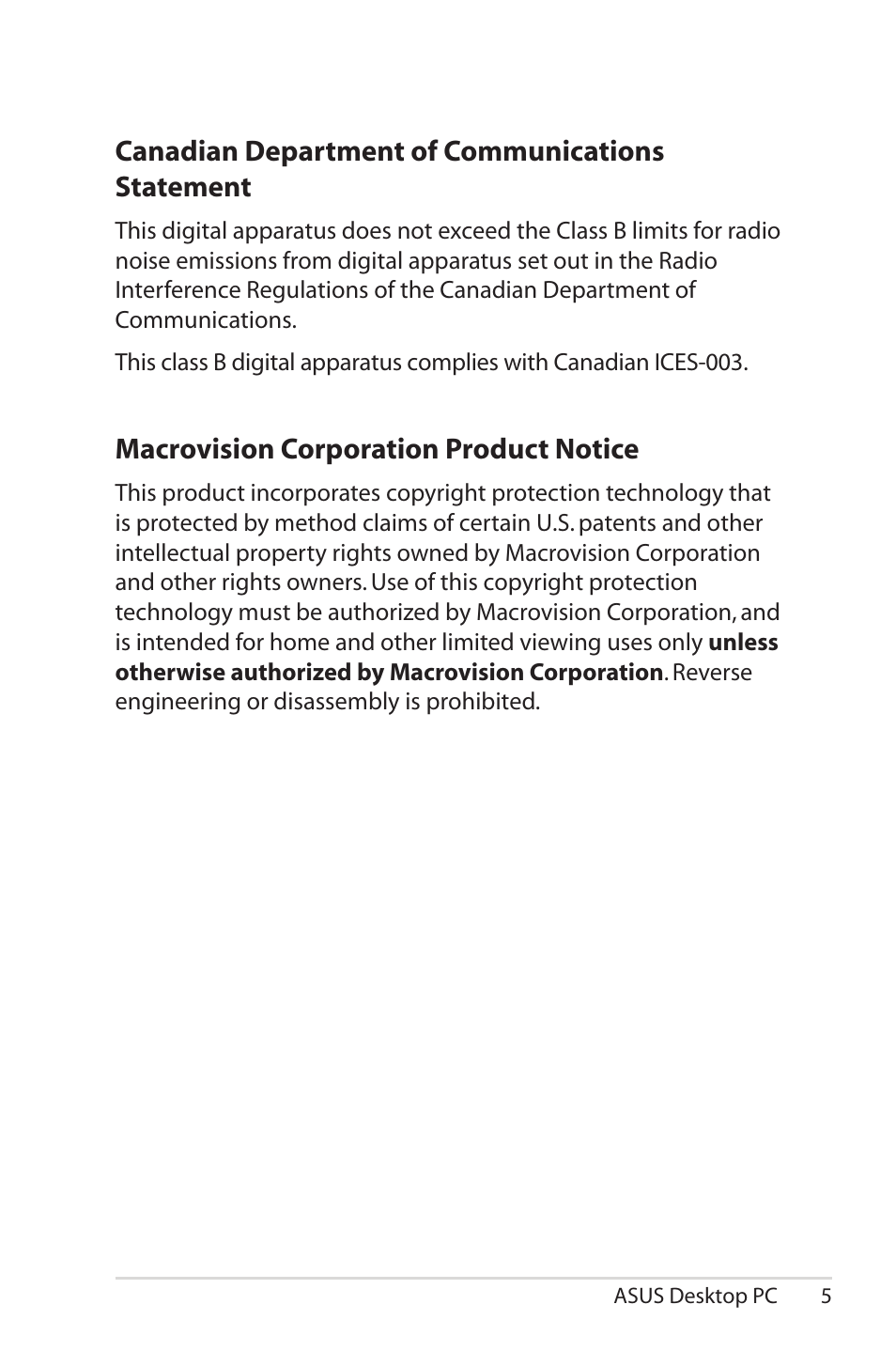 Canadian department of communications statement, Macrovision corporation product notice | Asus CS5111 User Manual | Page 5 / 26