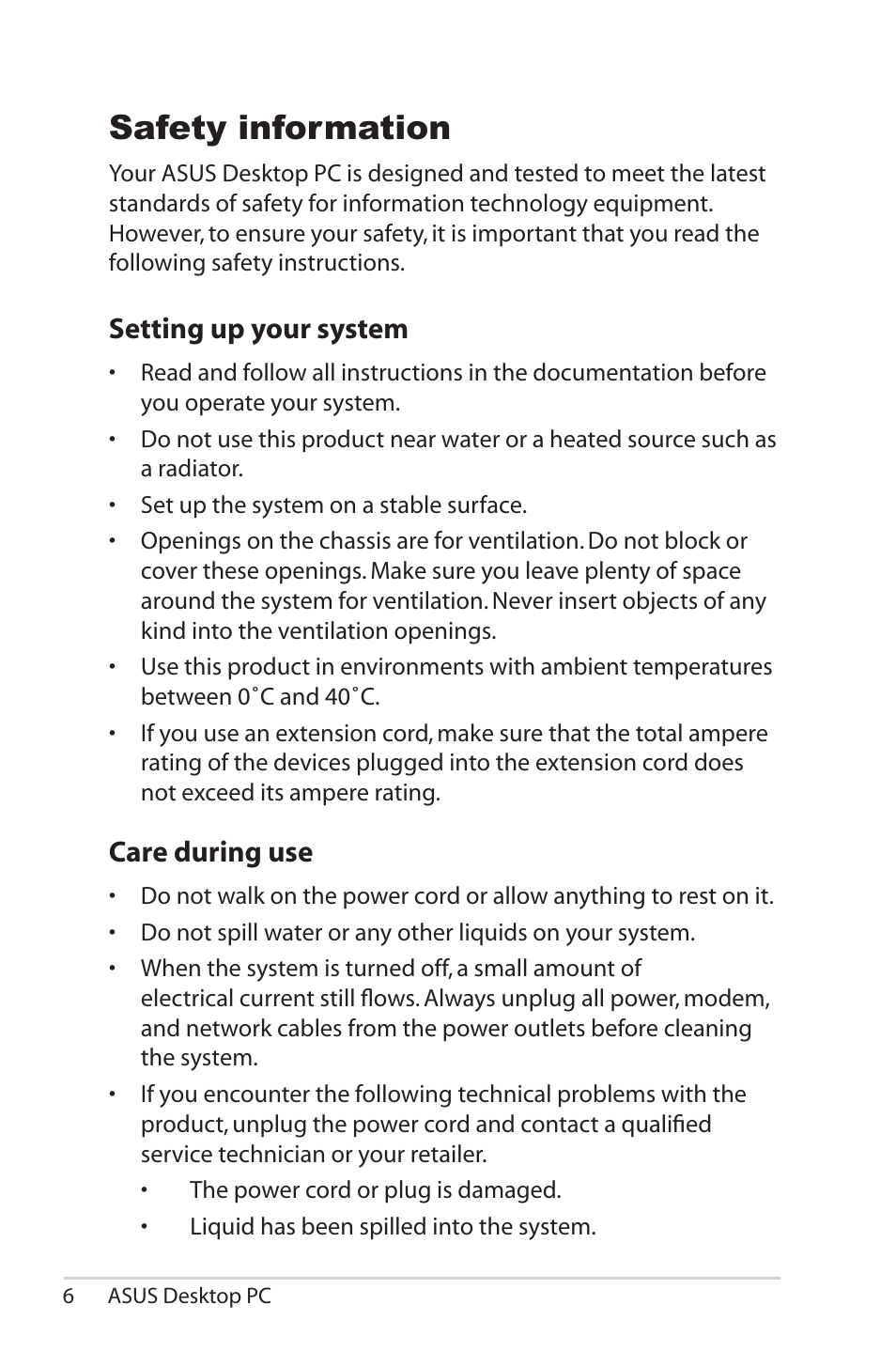 Safety information, Setting up your system, Care during use | Asus CS5111 User Manual | Page 6 / 26