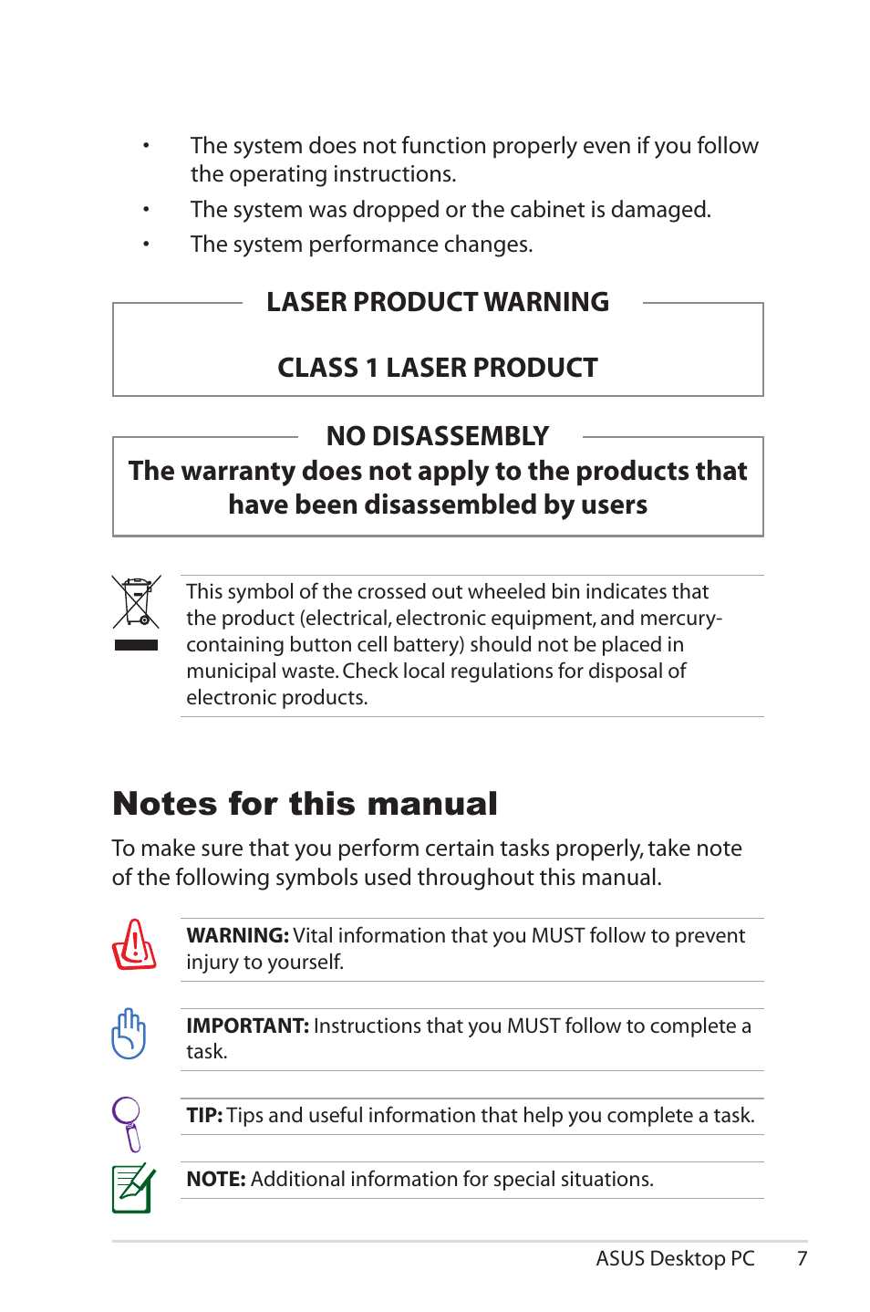 Notes for this manual, Laser product warning class 1 laser product | Asus CS5111 User Manual | Page 7 / 26