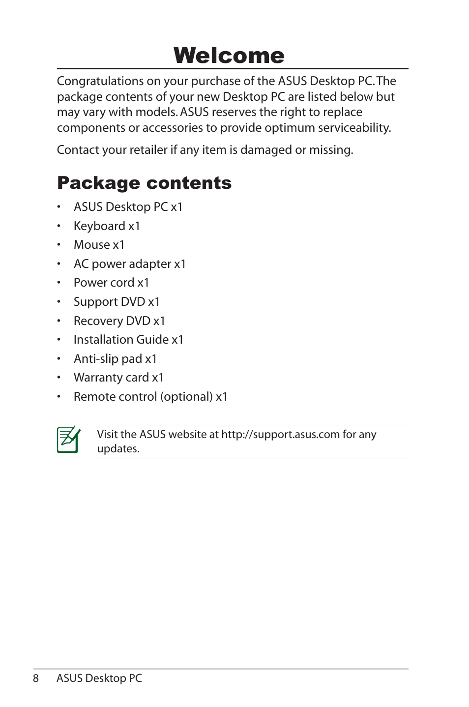 Welcome, Package contents | Asus CS5111 User Manual | Page 8 / 26