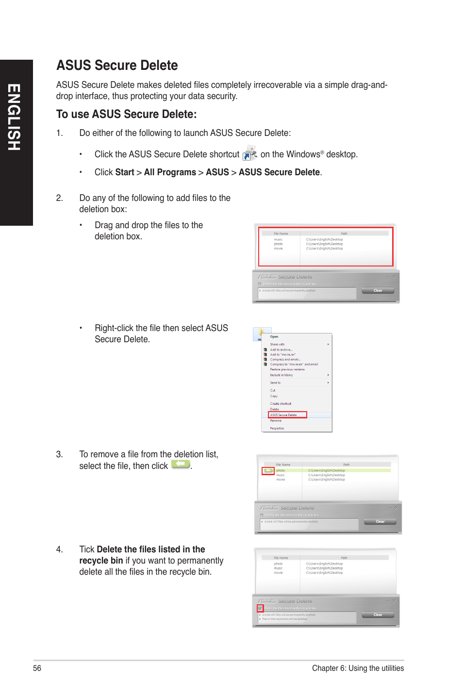 En g lis h en g li sh en g lis h en g li sh, Asus secure delete | Asus BP6320 User Manual | Page 56 / 70