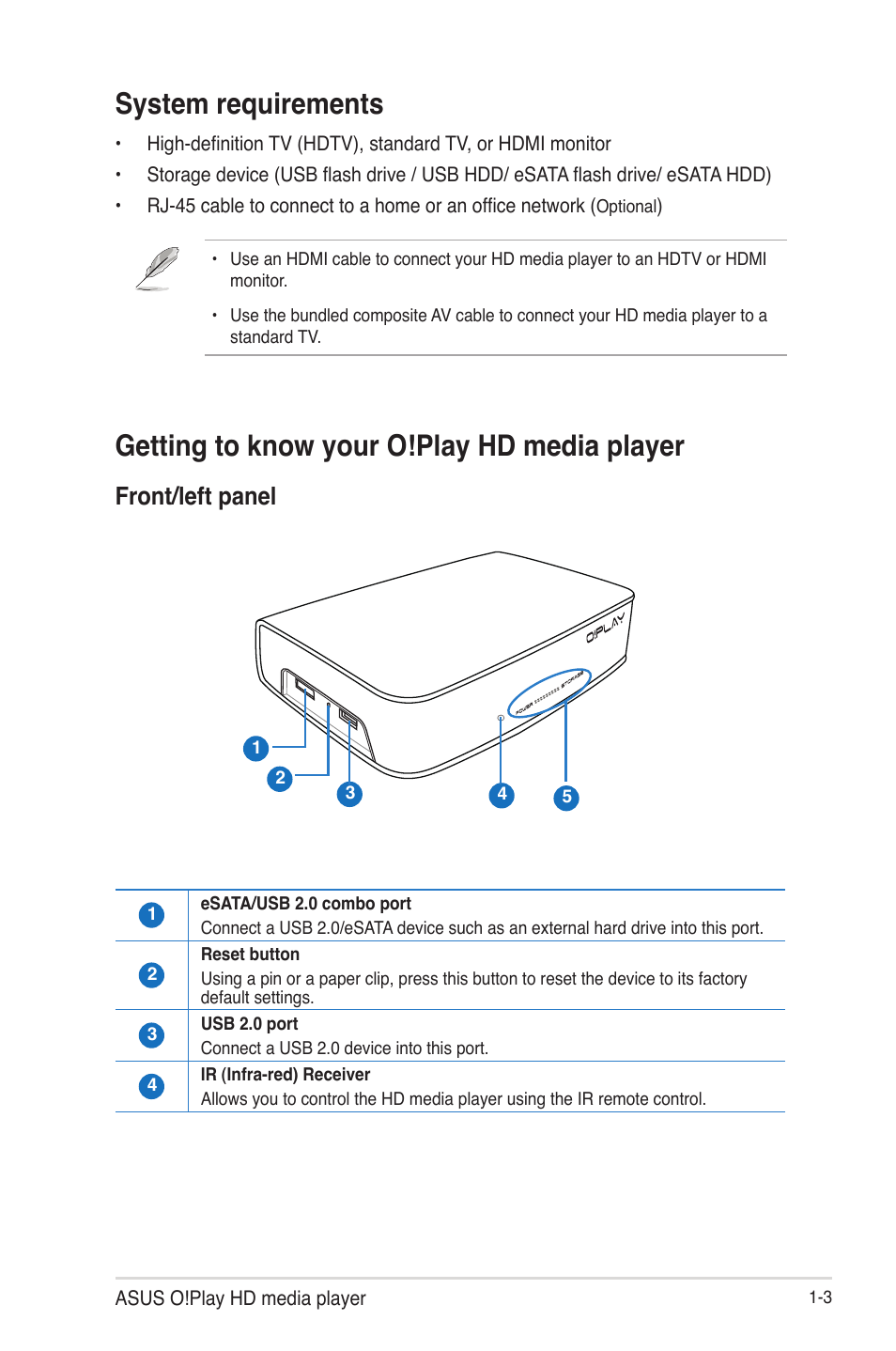 System requirements, Getting to know your o!play hd media player, Front/left panel | Front/left panel -3 | Asus O!Play HDP-R1 User Manual | Page 10 / 45