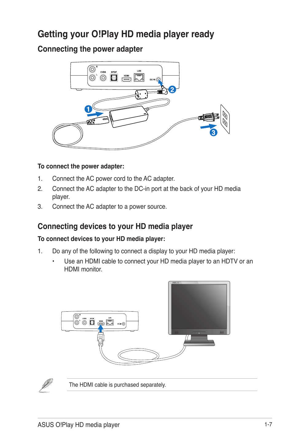 Getting your o!play hd media player ready, Connecting the power adapter, Connecting devices to your hd media player | Getting your o!play hd media player ready -7 | Asus O!Play HDP-R1 User Manual | Page 14 / 45