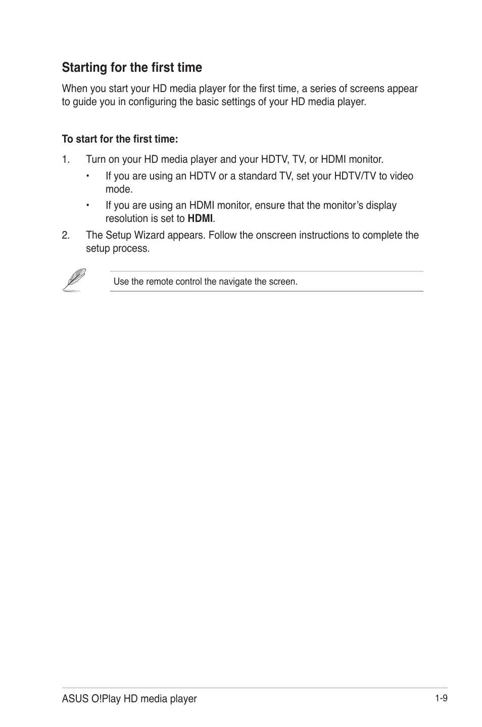 Starting for the first time, Starting for the first time -9 | Asus O!Play HDP-R1 User Manual | Page 16 / 45