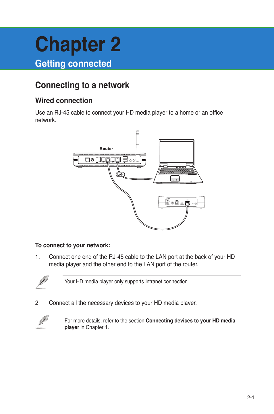 Chapter 2: getting connected, Connecting to a network, Wired connection | Getting connected, Connecting to a network -1, Wired connection -1, Chapter 2 | Asus O!Play HDP-R1 User Manual | Page 17 / 45