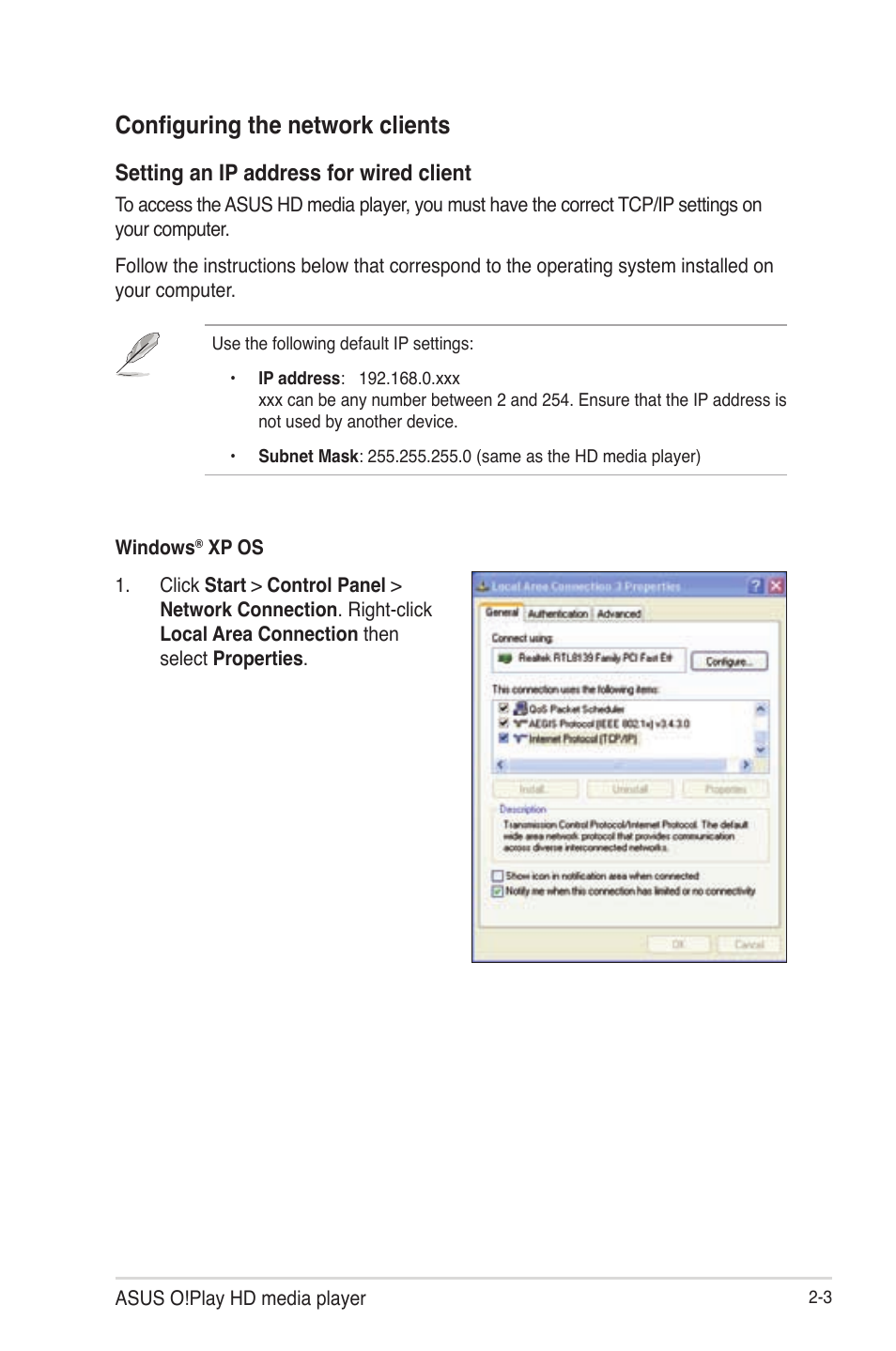 Configuring the network clients, Configuring the network clients -3, Setting an ip address for wired client | Asus O!Play HDP-R1 User Manual | Page 19 / 45