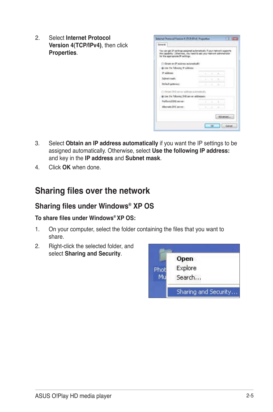 Sharing files over the network, Sharing files under windows® xp os, Sharing files over the network -5 | Sharing files under windows, Xp os -5, Xp os | Asus O!Play HDP-R1 User Manual | Page 21 / 45