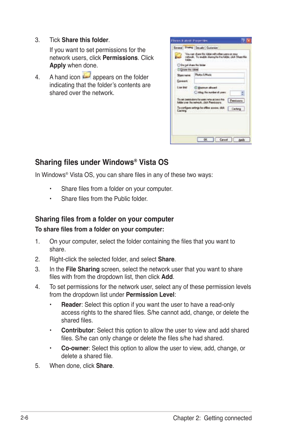 Sharing files under windows® vista os, Sharing files under windows, Vista os -6 | Vista os | Asus O!Play HDP-R1 User Manual | Page 22 / 45