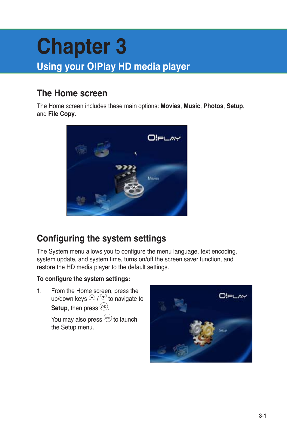 Chapter 3: using your o!play hd media player, The home screen, Configuring the system settings | Using your o!play hd media player, Chapter 3 | Asus O!Play HDP-R1 User Manual | Page 24 / 45