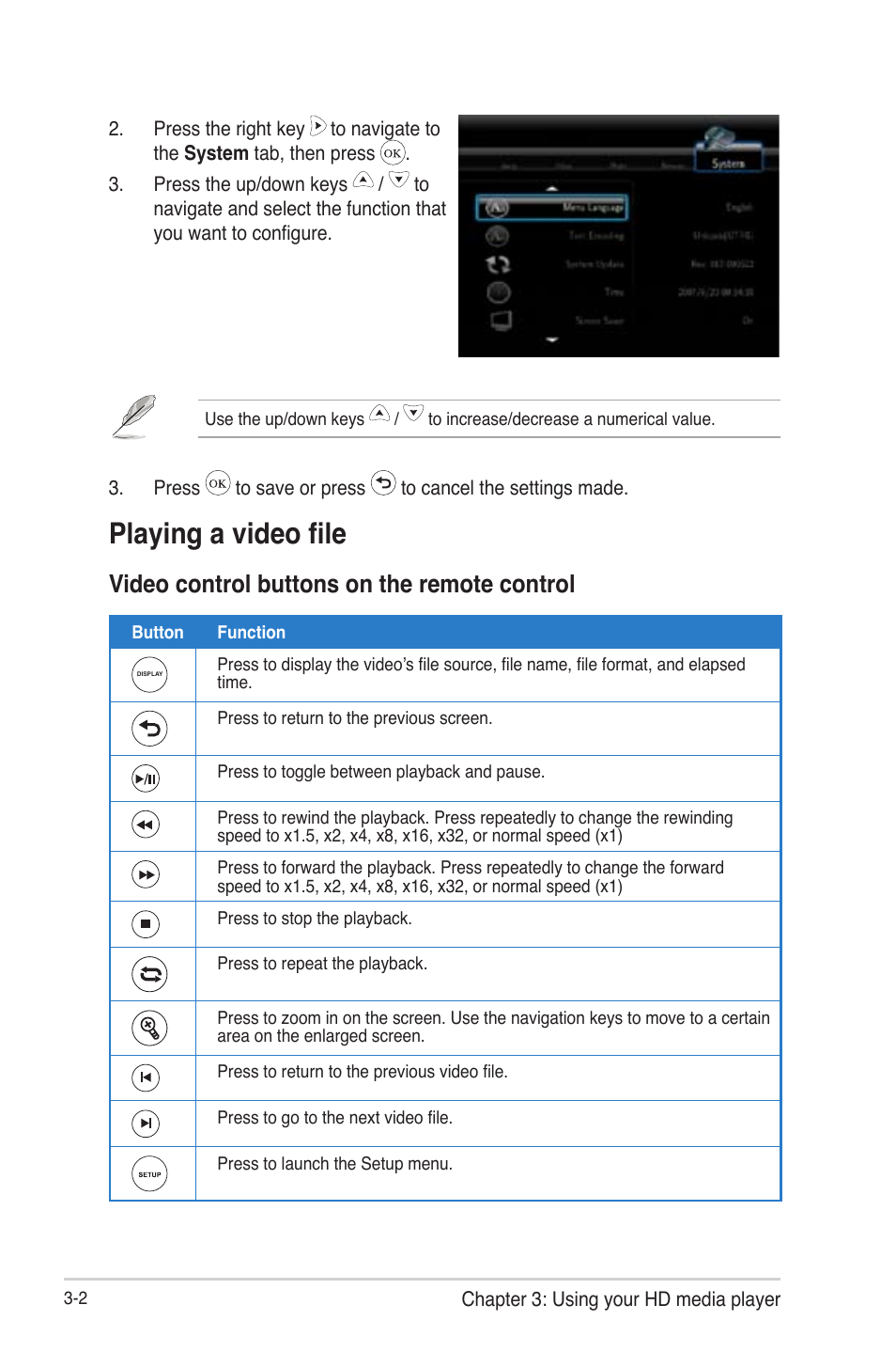 Playing a video file, Video control buttons on the remote control, Playing a video file -2 | Video control buttons on the remote control -2 | Asus O!Play HDP-R1 User Manual | Page 25 / 45